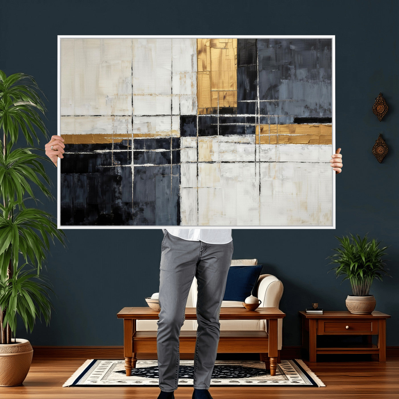Gold Abstract Wall Art Canvas Print, Modern Luxury Geometric