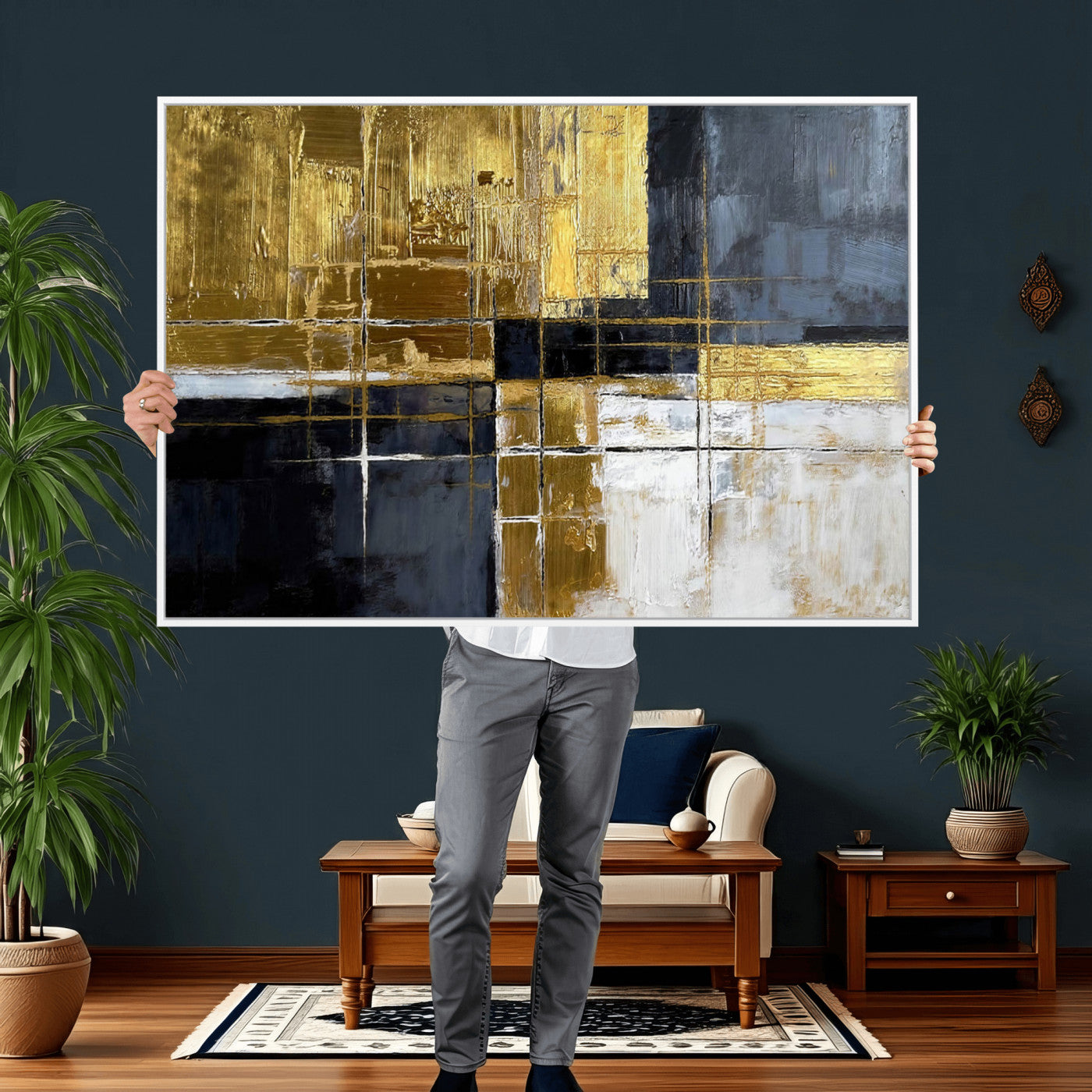 Gold Navy Abstract Wall Art Canvas Print, Modern Luxury