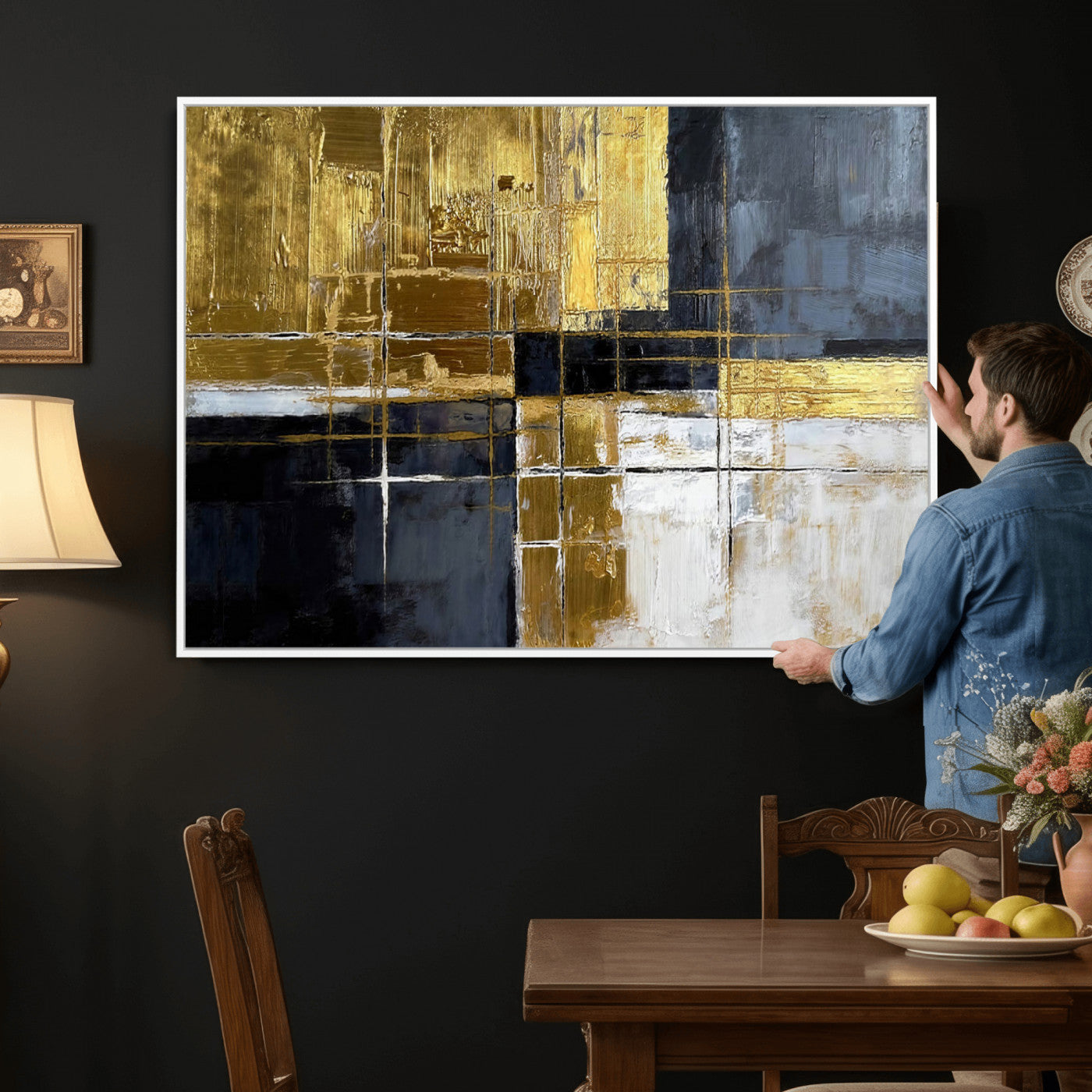 Gold Navy Abstract Wall Art Canvas Print, Modern Luxury