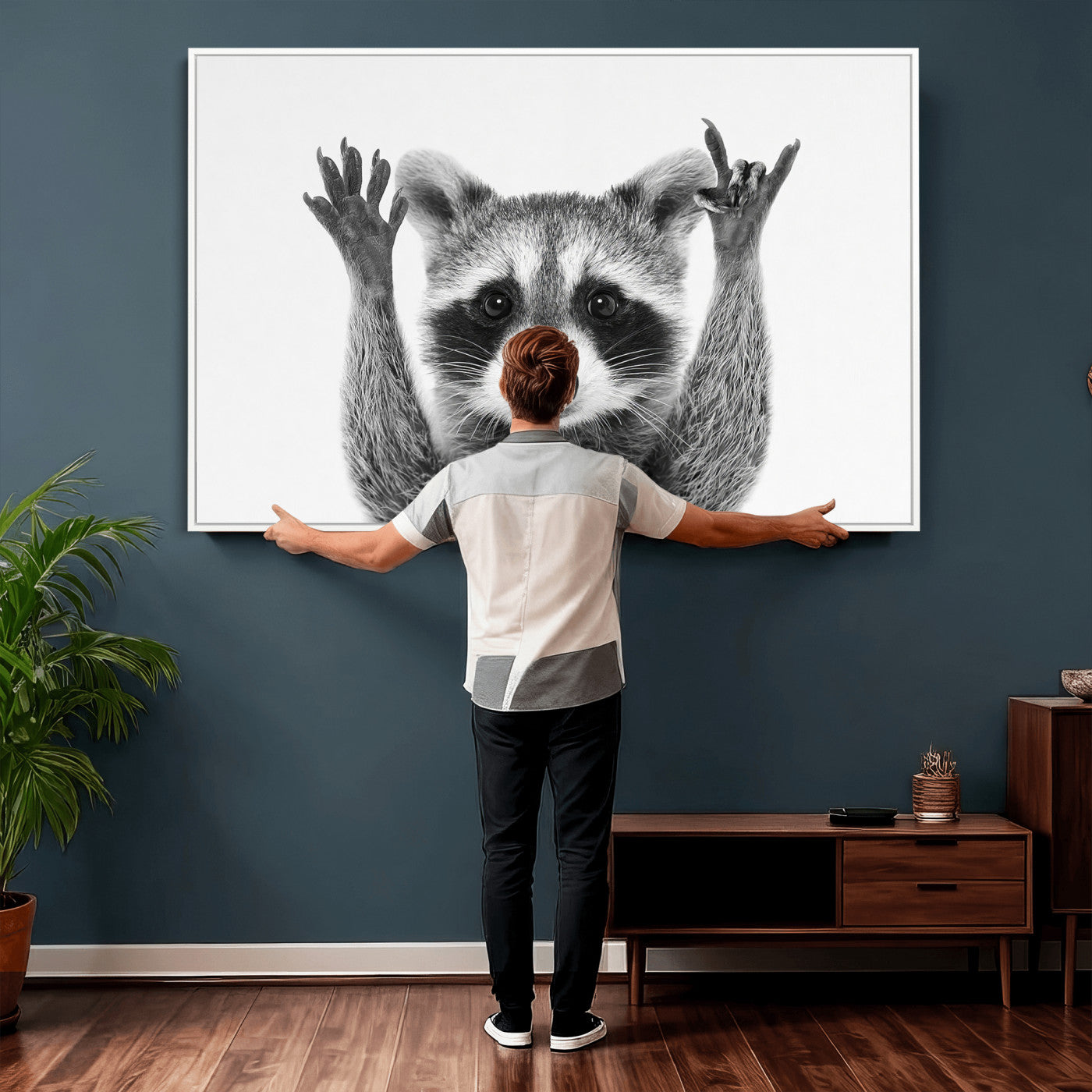 Funny Raccoon Canvas Wall Art, Black White Hands Up Animal Photo Print, Humorous Wildlife Decor, Kids Room Nursery Art, Quirky Animal Gift