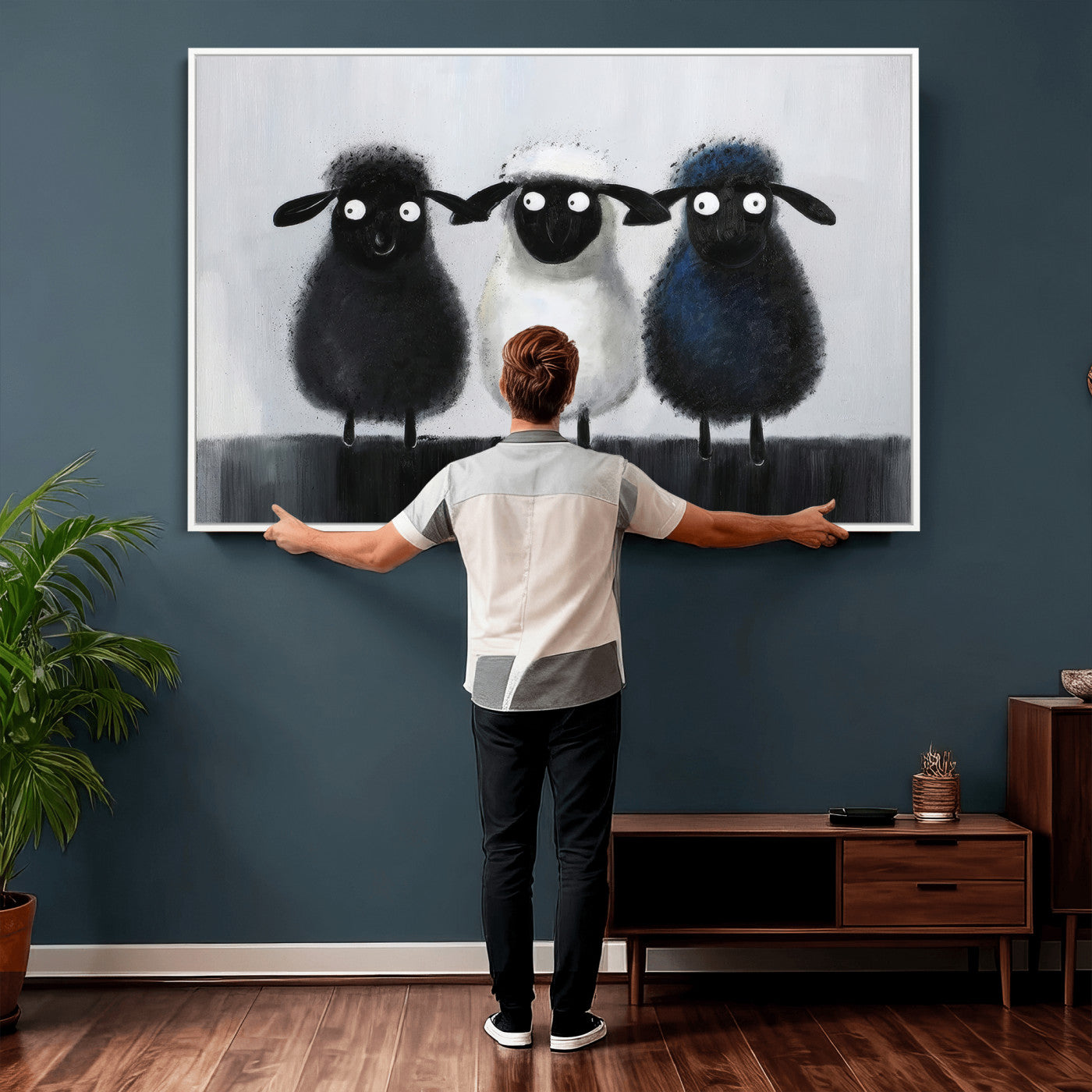 Funny Sheep Canvas Wall Art, Three Quirky Sheep Painting Print, Cute Animal Nursery Decor, Black White Navy Farmhouse Art, Kids Room Gift