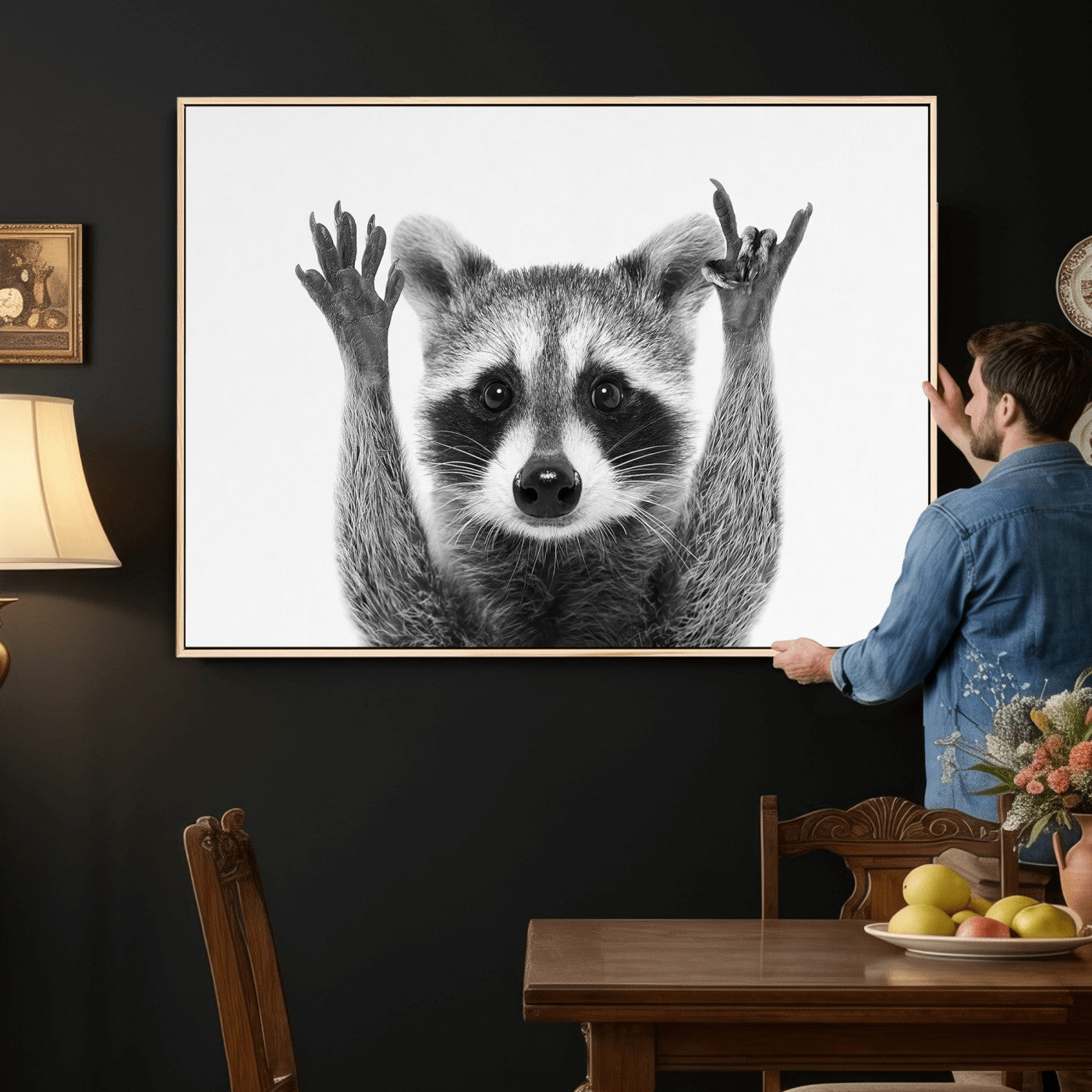 Funny Raccoon Canvas Wall Art, Black White Hands Up Animal Photo Print, Humorous Wildlife Decor, Kids Room Nursery Art, Quirky Animal Gift