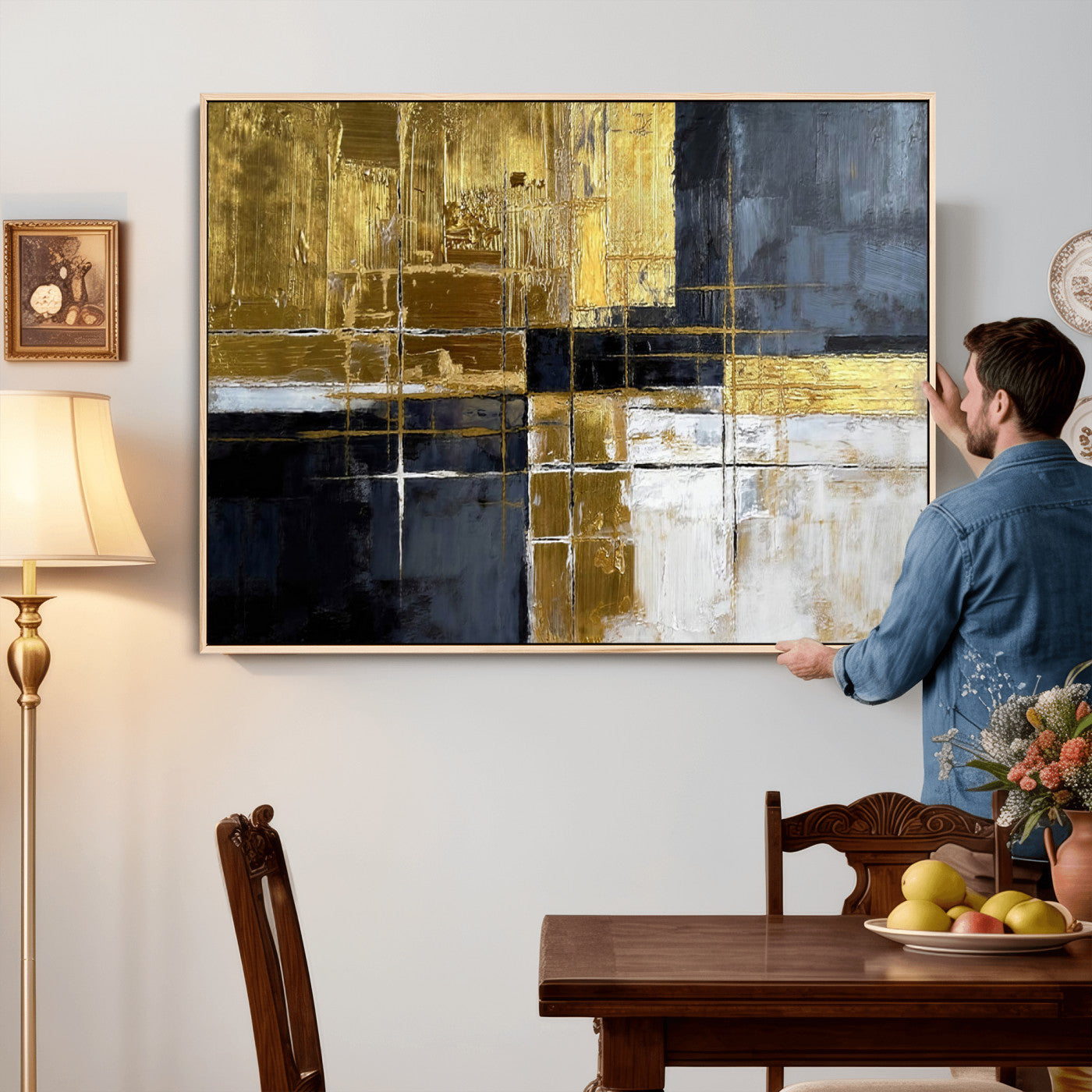 Gold Navy Abstract Wall Art Canvas Print, Modern Luxury