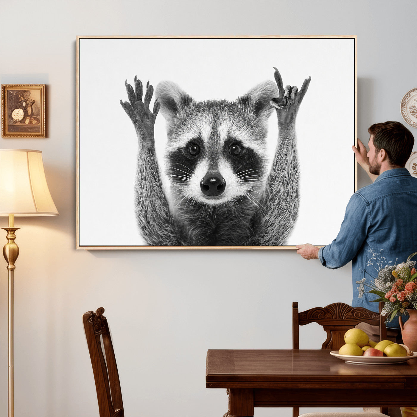 Funny Raccoon Canvas Wall Art, Black White Hands Up Animal Photo Print, Humorous Wildlife Decor, Kids Room Nursery Art, Quirky Animal Gift