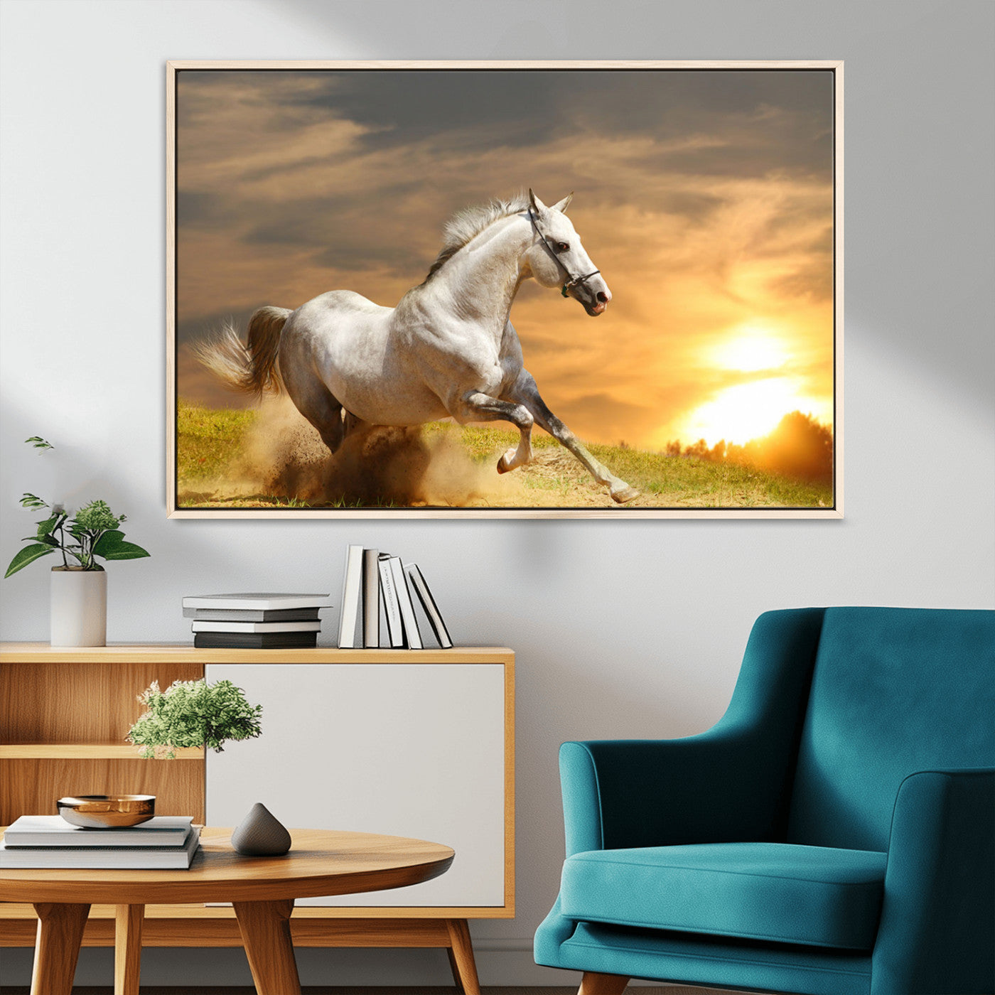 White Horse Running Canvas Sunset Wall Art