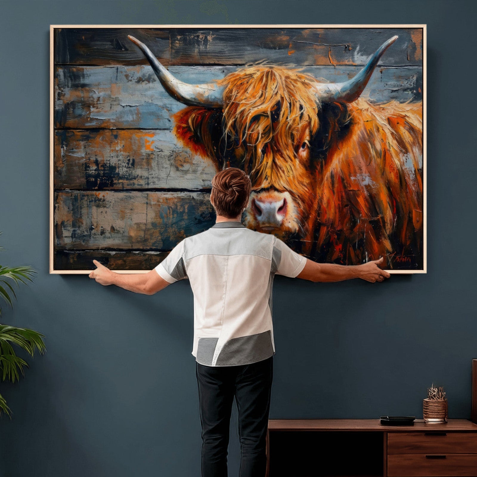 Highland Cow Wall Art Canvas Print, Abstract Rustic Farm