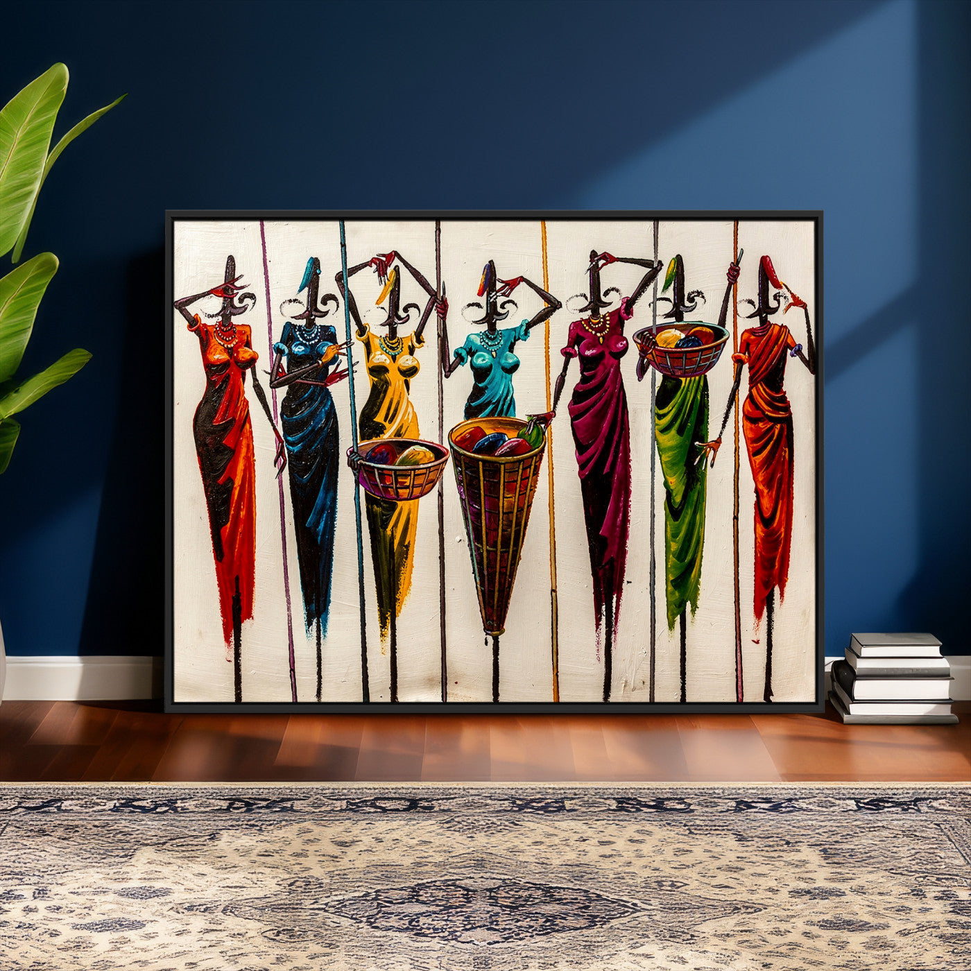 African Folk Art Canvas Wall Art, Colorful African Women Village Painting Print, Tribal Ethnic Home Decor, Vibrant African Art, Living Room