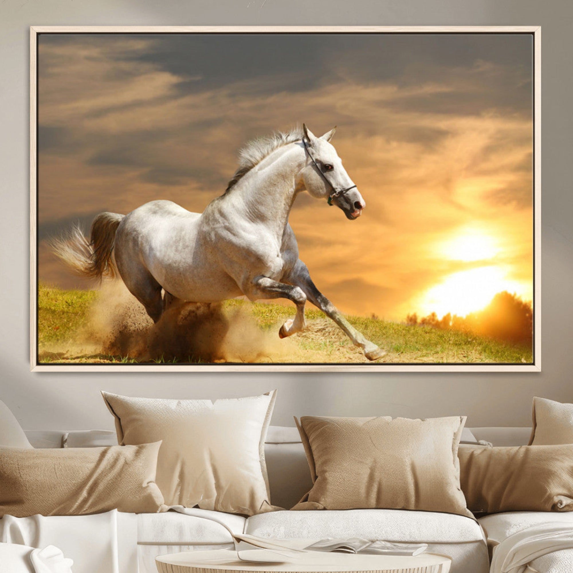 White Horse Running Canvas Sunset Wall Art