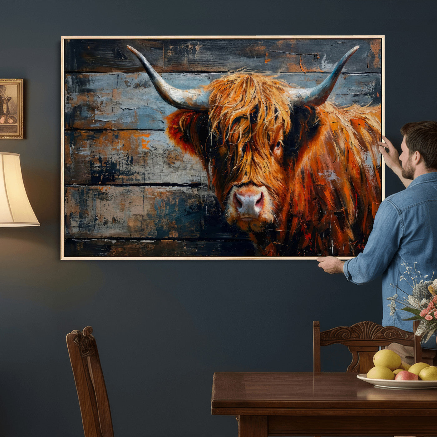 Highland Cow Wall Art Canvas Print, Abstract Rustic Farm
