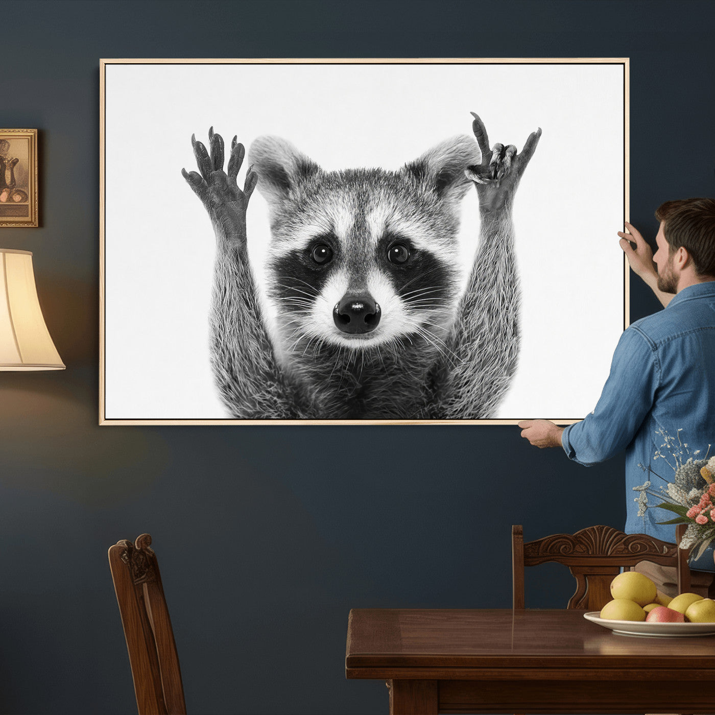 Funny Raccoon Canvas Wall Art, Black White Hands Up Animal Photo Print, Humorous Wildlife Decor, Kids Room Nursery Art, Quirky Animal Gift