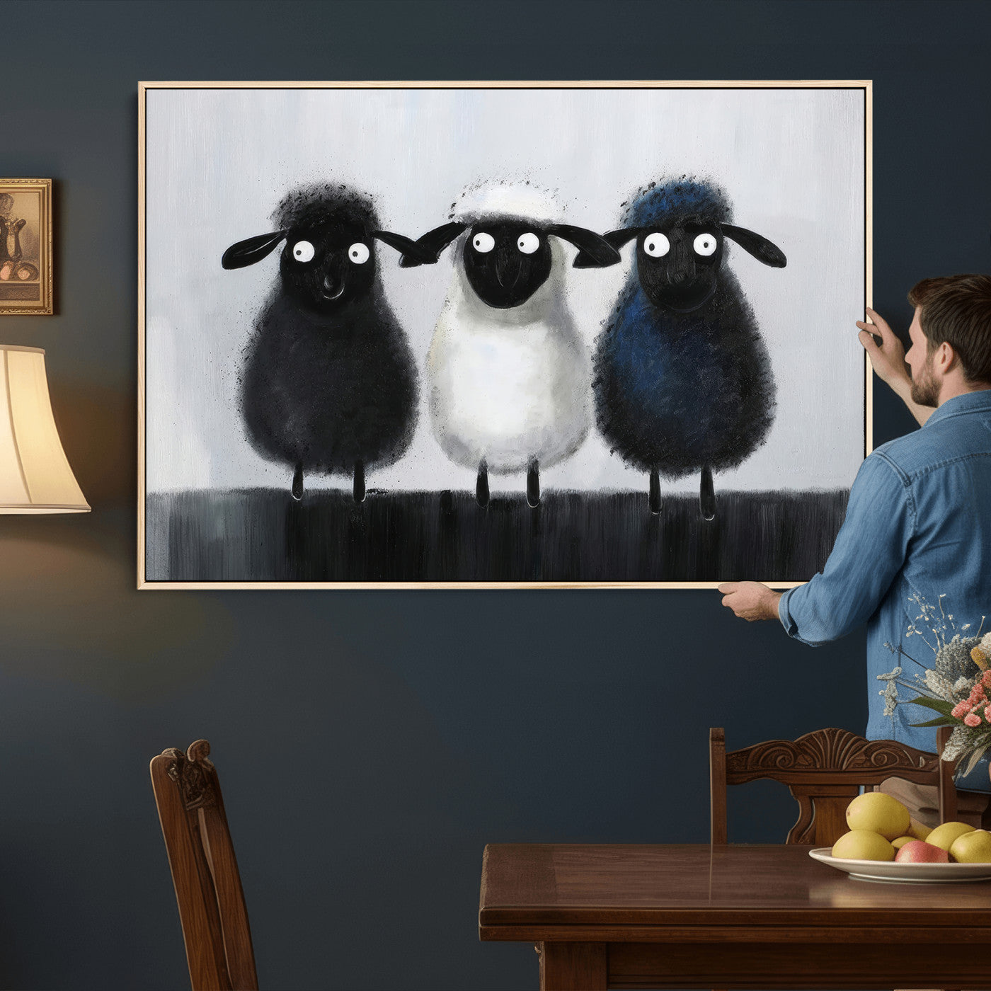 Funny Sheep Canvas Wall Art, Three Quirky Sheep Painting Print, Cute Animal Nursery Decor, Black White Navy Farmhouse Art, Kids Room Gift