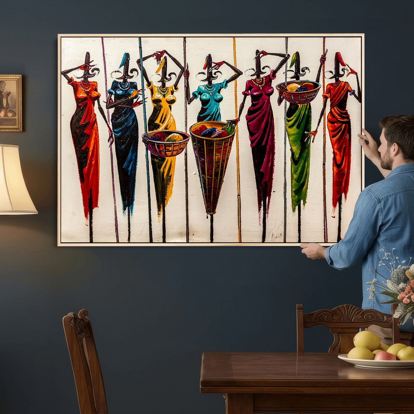African Folk Art Canvas Wall Art, Colorful African Women Village Painting Print, Tribal Ethnic Home Decor, Vibrant African Art, Living Room