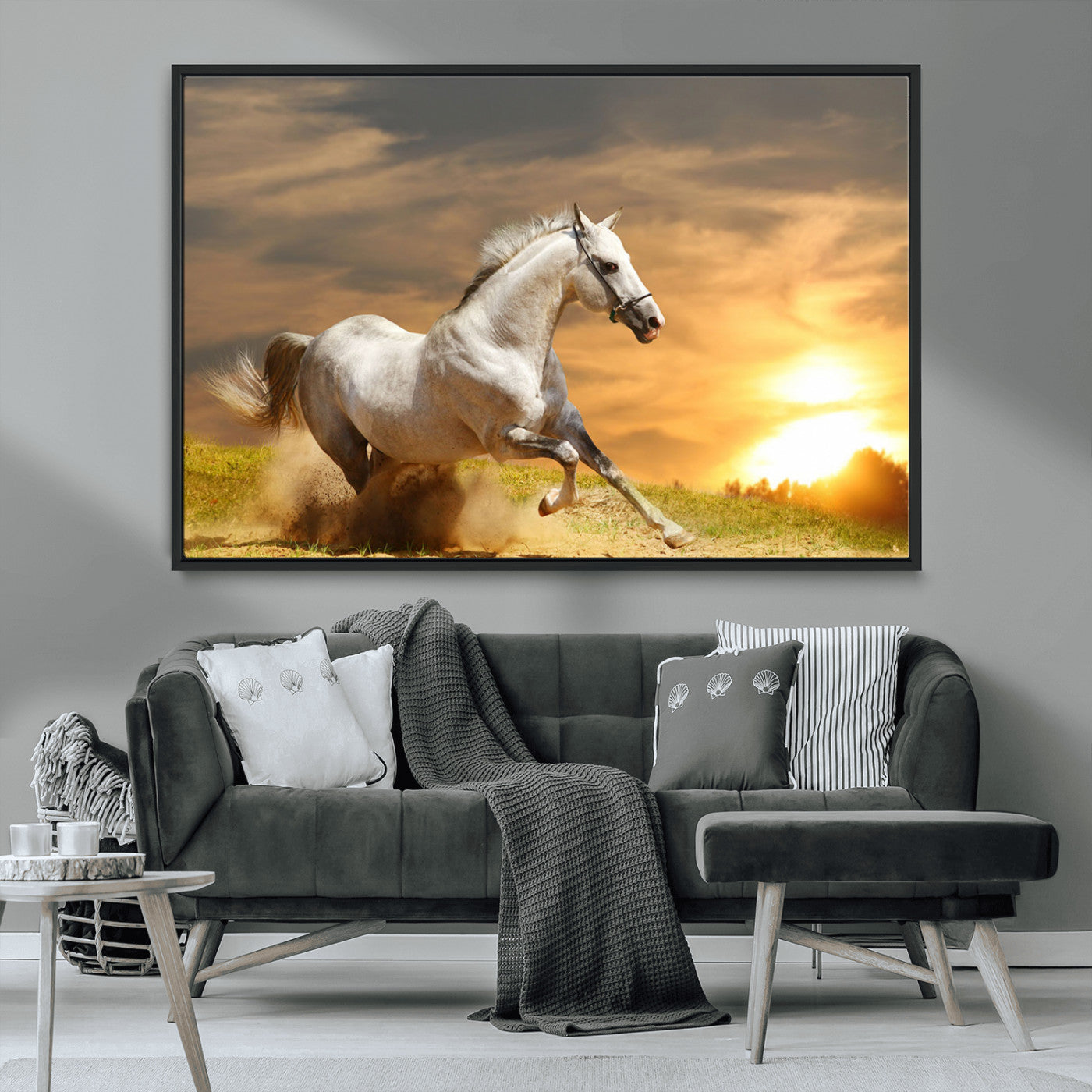 White Horse Running Canvas Sunset Wall Art