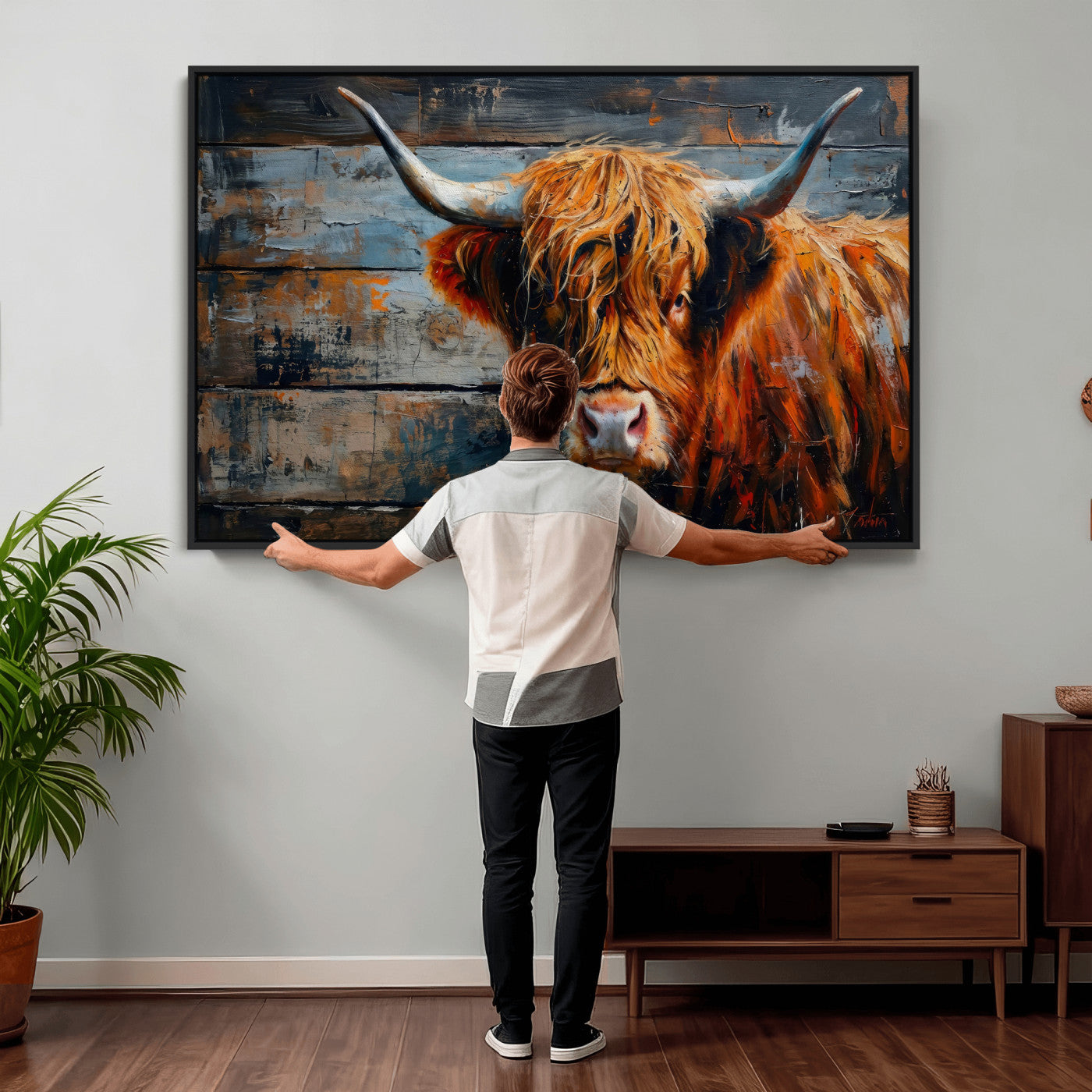 Highland Cow Wall Art Canvas Print, Abstract Rustic Farm