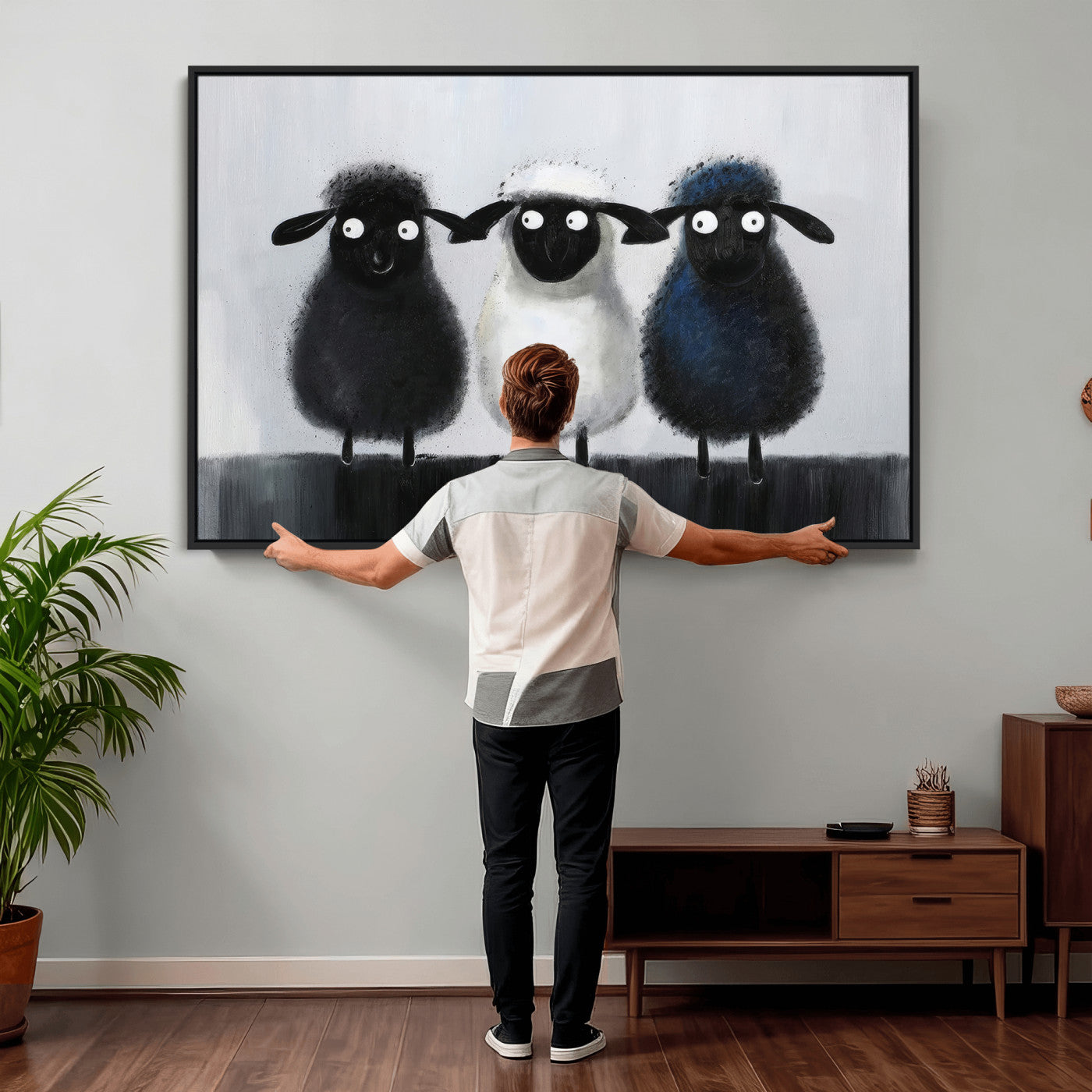 Funny Sheep Canvas Wall Art, Three Quirky Sheep Painting Print, Cute Animal Nursery Decor, Black White Navy Farmhouse Art, Kids Room Gift