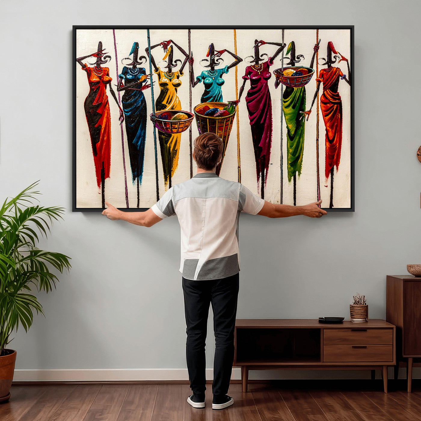 African Folk Art Canvas Wall Art, Colorful African Women Village Painting Print, Tribal Ethnic Home Decor, Vibrant African Art, Living Room