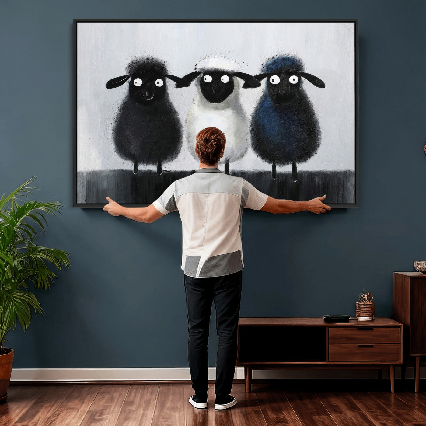 Funny Sheep Canvas Wall Art, Three Quirky Sheep Painting Print, Cute Animal Nursery Decor, Black White Navy Farmhouse Art, Kids Room Gift
