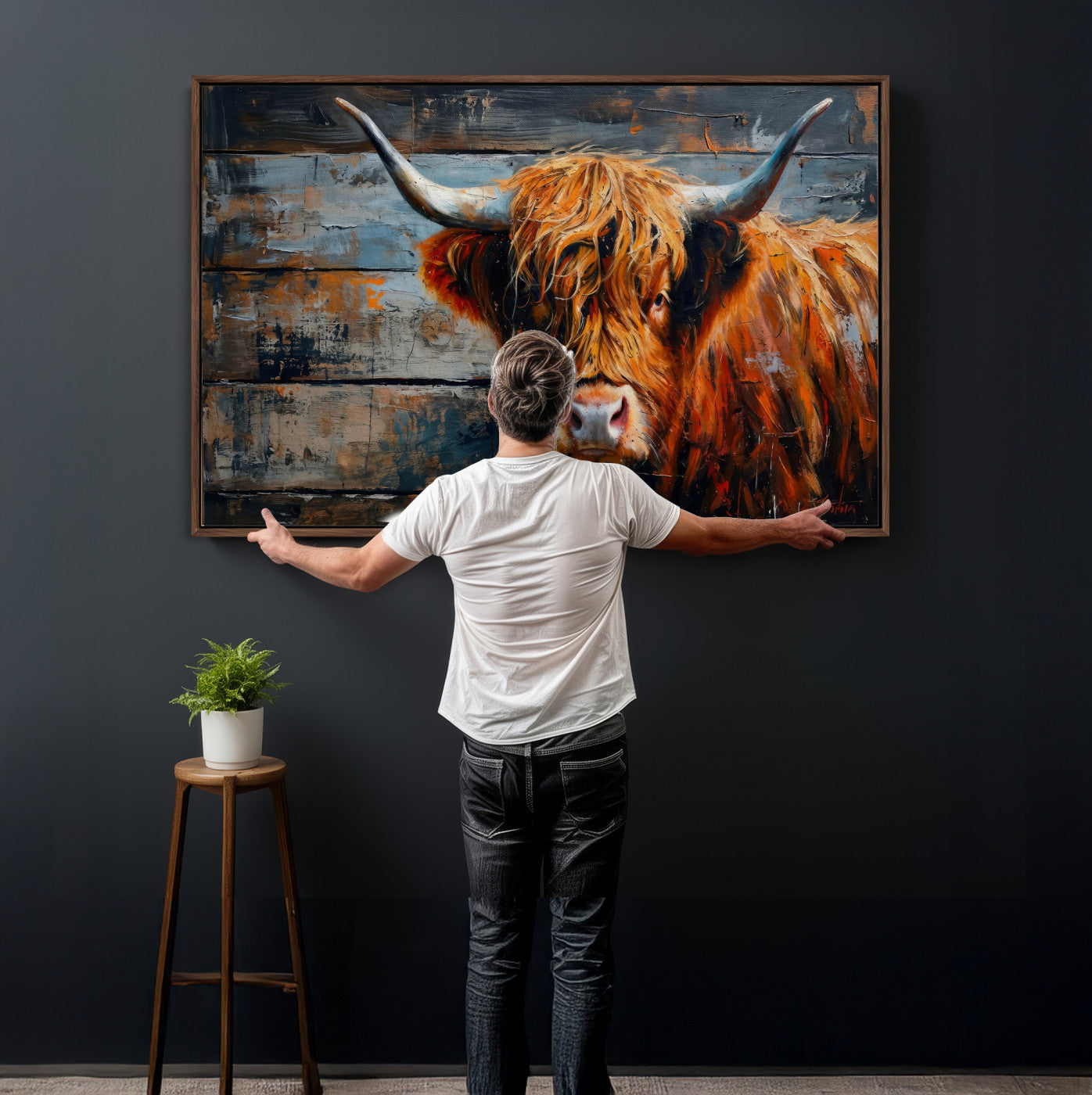 Highland Cow Wall Art Canvas Print, Abstract Rustic Farm
