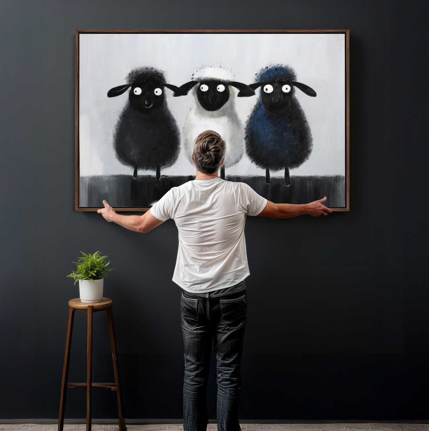 Funny Sheep Canvas Wall Art, Three Quirky Sheep Painting Print, Cute Animal Nursery Decor, Black White Navy Farmhouse Art, Kids Room Gift