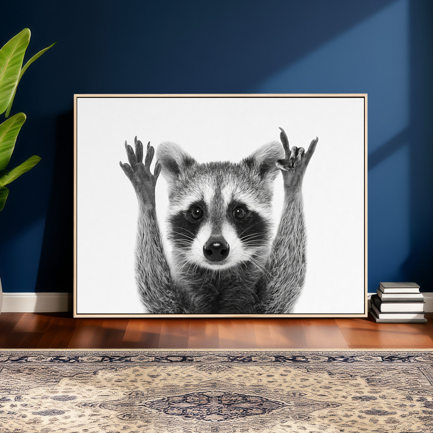 Funny Raccoon Canvas Wall Art, Black White Hands Up Animal Photo Print, Humorous Wildlife Decor, Kids Room Nursery Art, Quirky Animal Gift