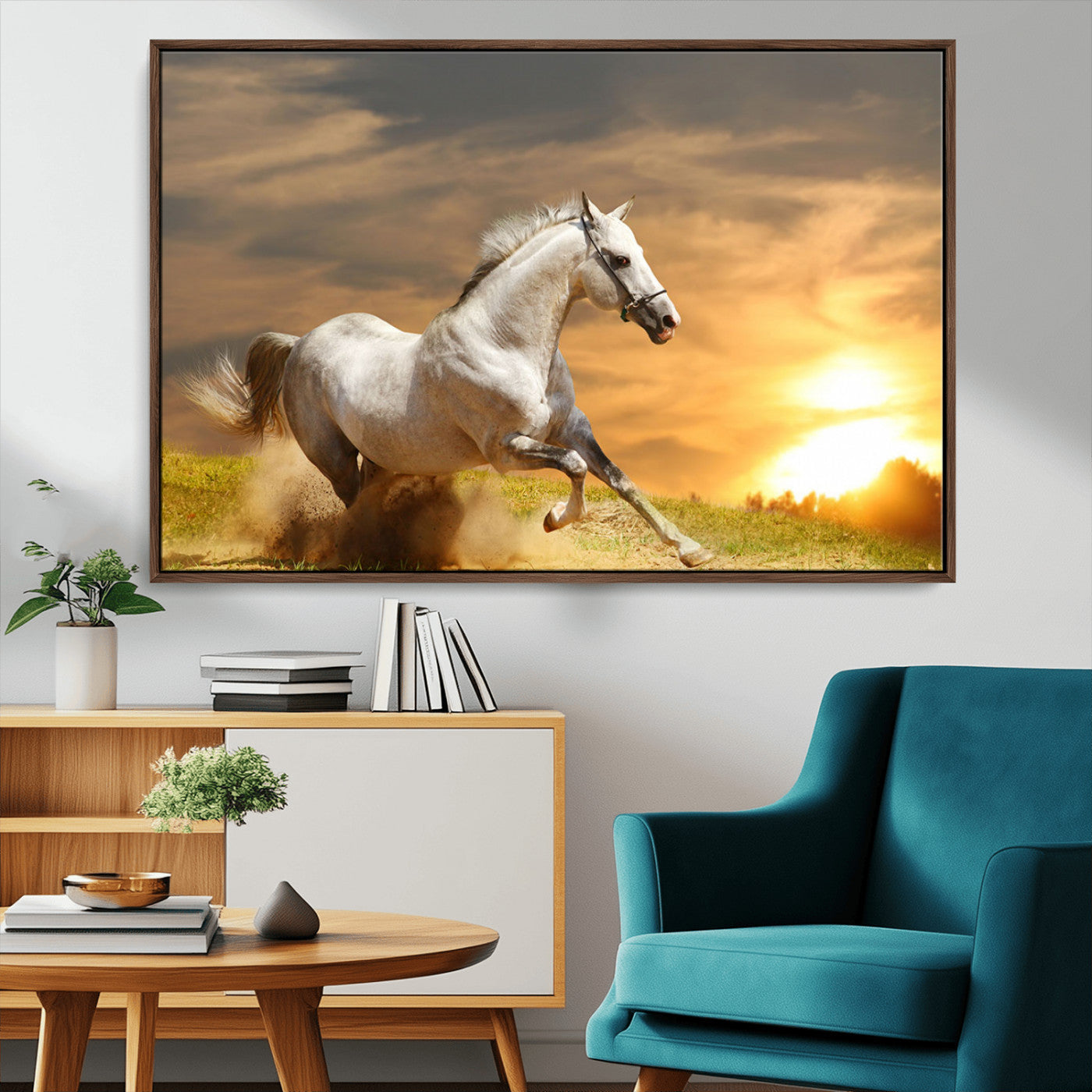 White Horse Running Canvas Sunset Wall Art