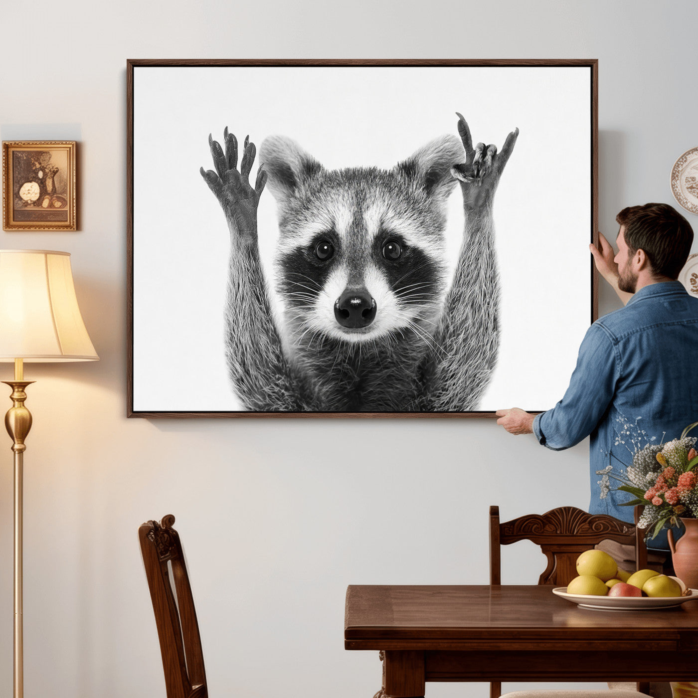 Funny Raccoon Canvas Wall Art, Black White Hands Up Animal Photo Print, Humorous Wildlife Decor, Kids Room Nursery Art, Quirky Animal Gift