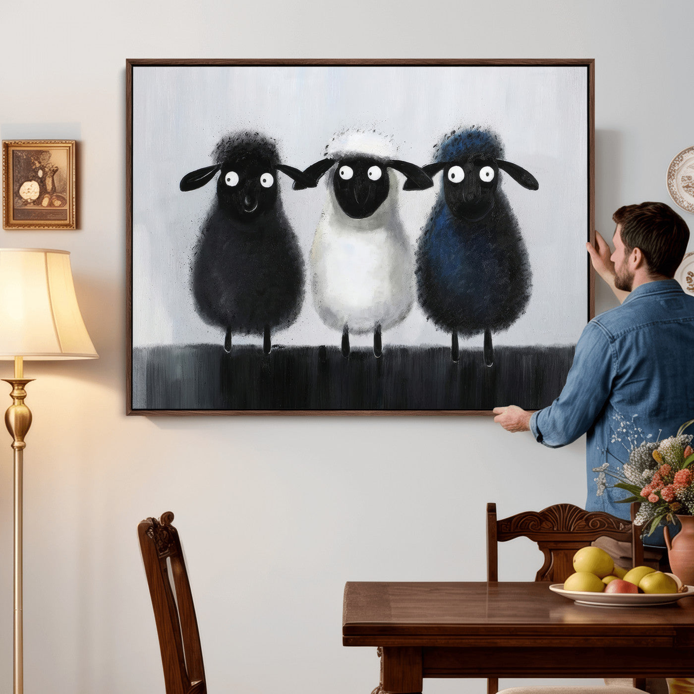 Funny Sheep Canvas Wall Art, Three Quirky Sheep Painting Print, Cute Animal Nursery Decor, Black White Navy Farmhouse Art, Kids Room Gift