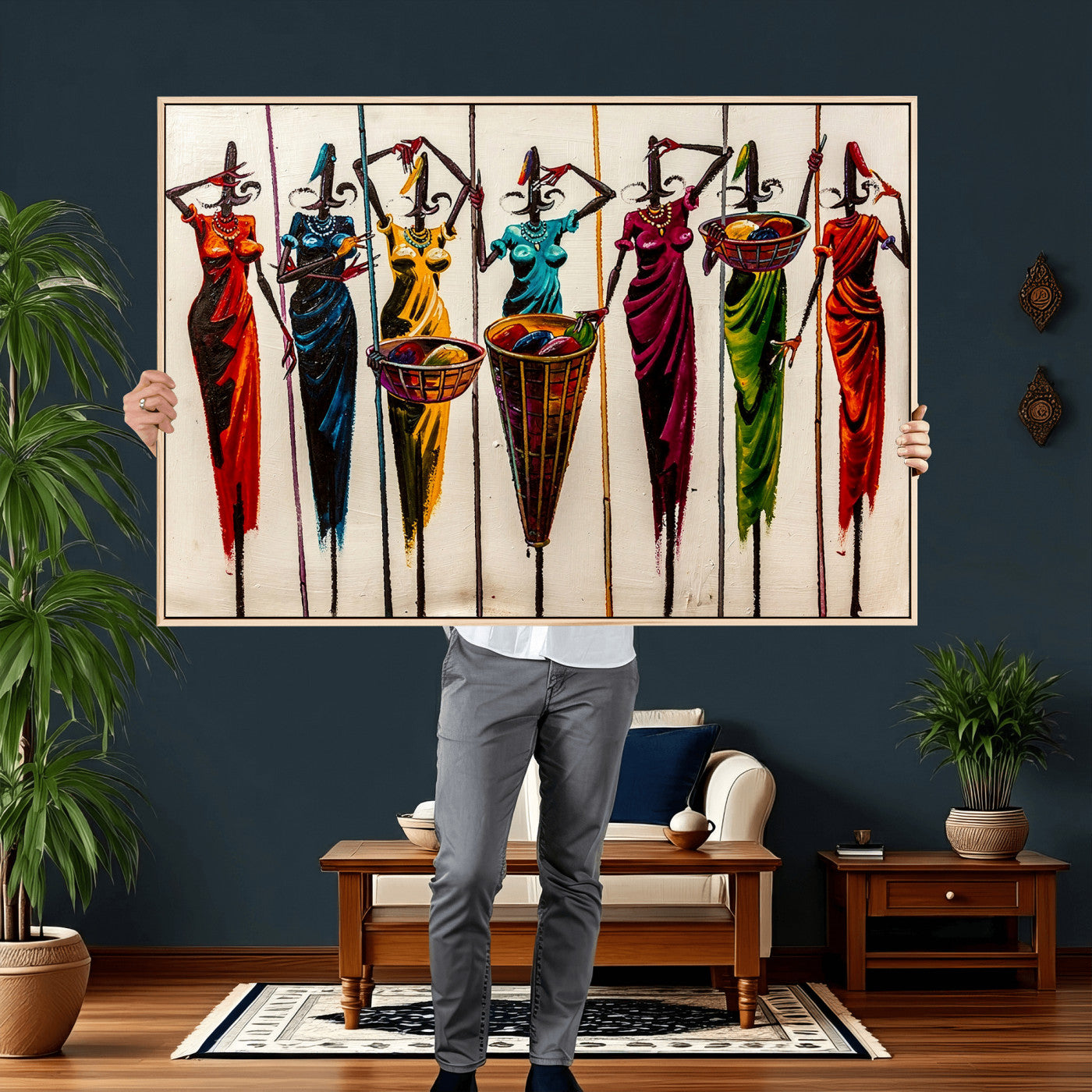 African Folk Art Canvas Wall Art, Colorful African Women Village Painting Print, Tribal Ethnic Home Decor, Vibrant African Art, Living Room
