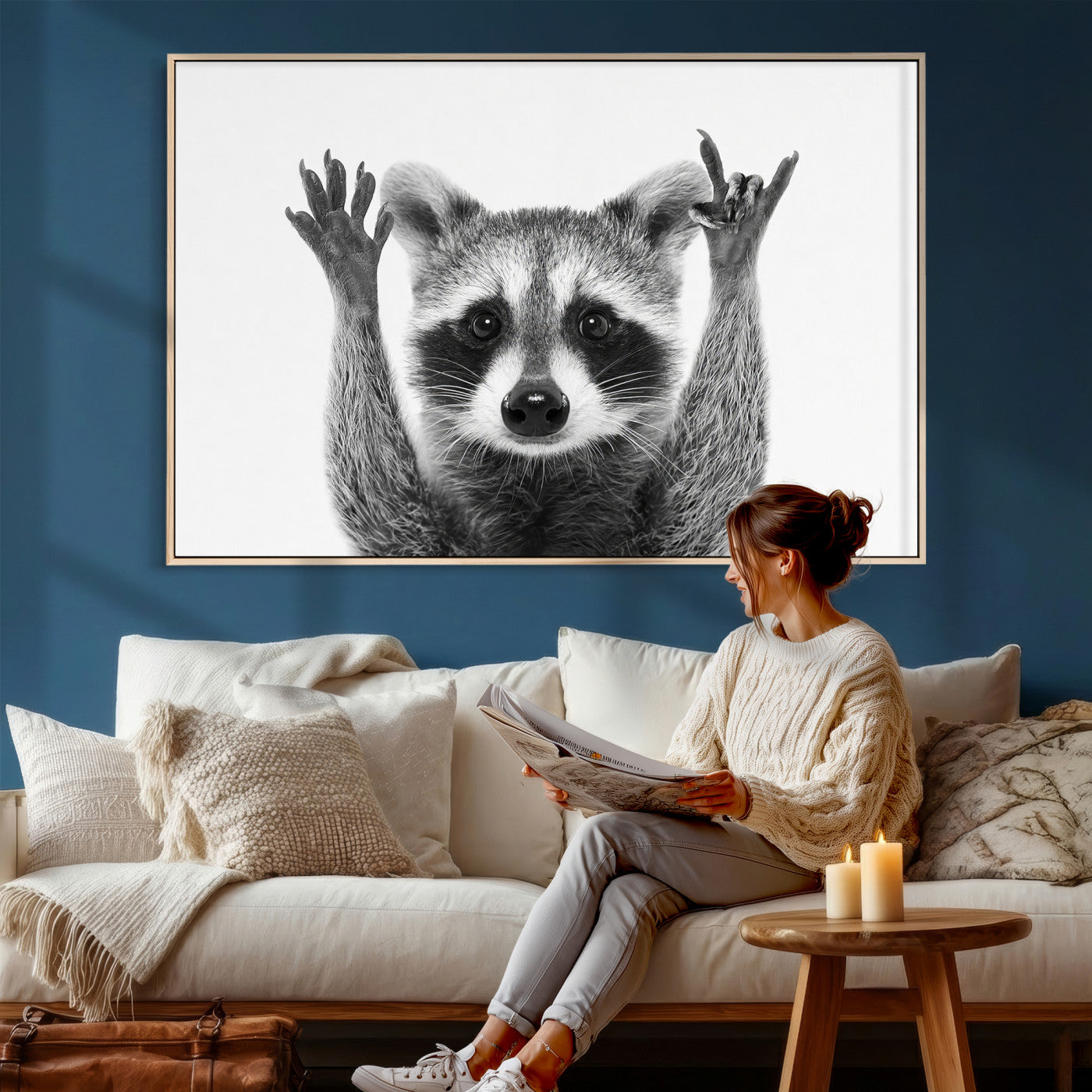 Funny Raccoon Canvas Wall Art, Black White Hands Up Animal Photo Print, Humorous Wildlife Decor, Kids Room Nursery Art, Quirky Animal Gift