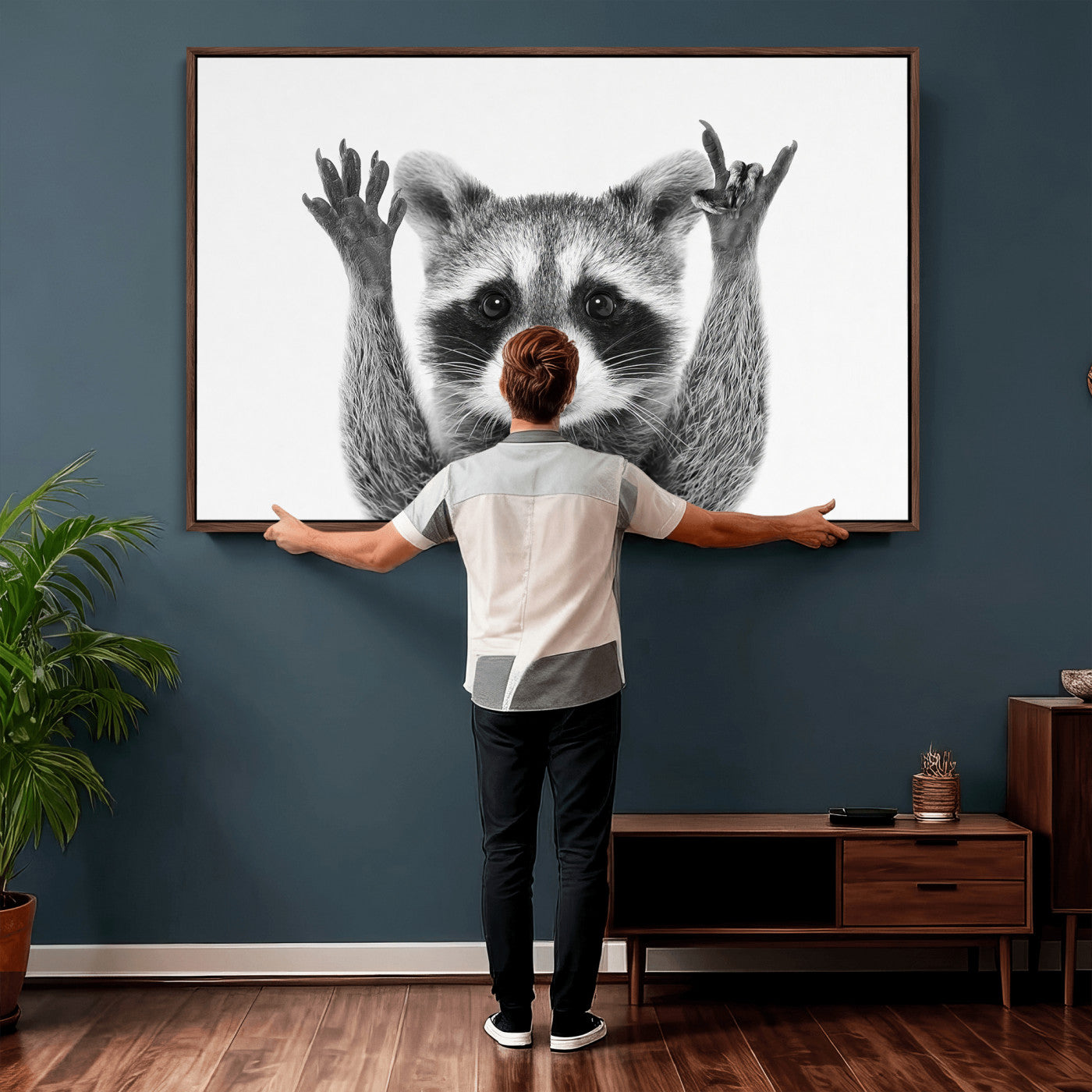 Funny Raccoon Canvas Wall Art, Black White Hands Up Animal Photo Print, Humorous Wildlife Decor, Kids Room Nursery Art, Quirky Animal Gift