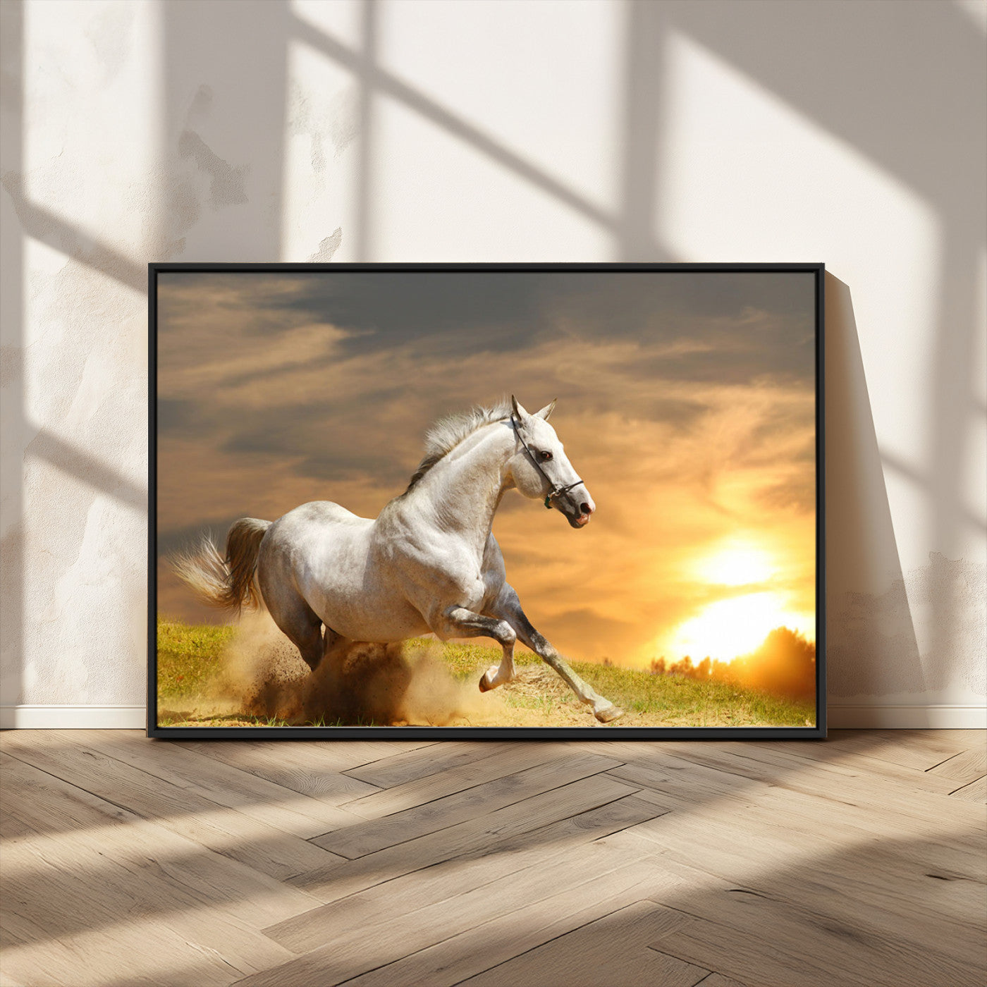 White Horse Running Canvas Sunset Wall Art