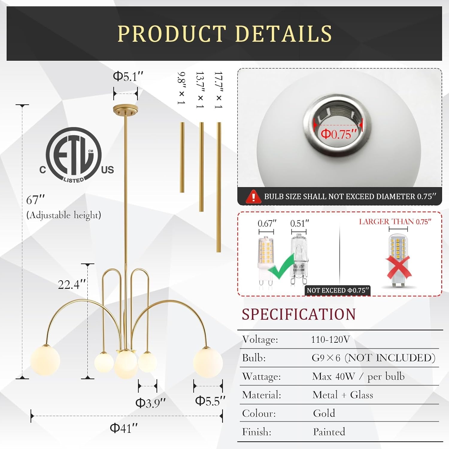 Gold Sputnik Chandelier Six Light Ceiling Pendant Light-1