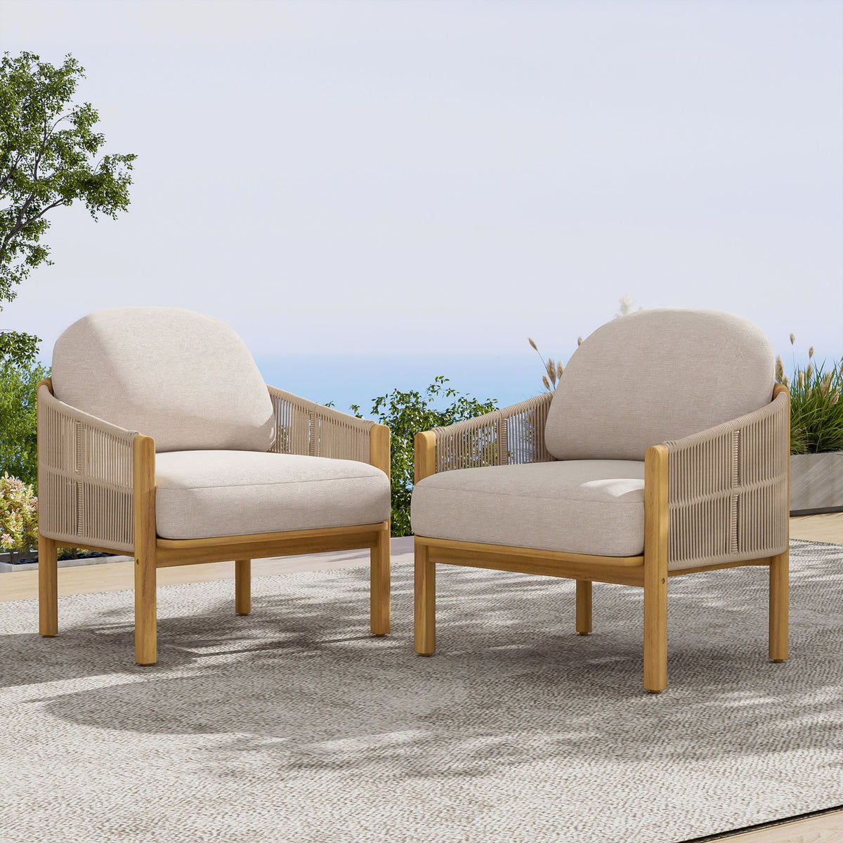 Grotta Outdoor Wood Club Chair Set of 2 with Woven Rope Detail - Gray or Beige