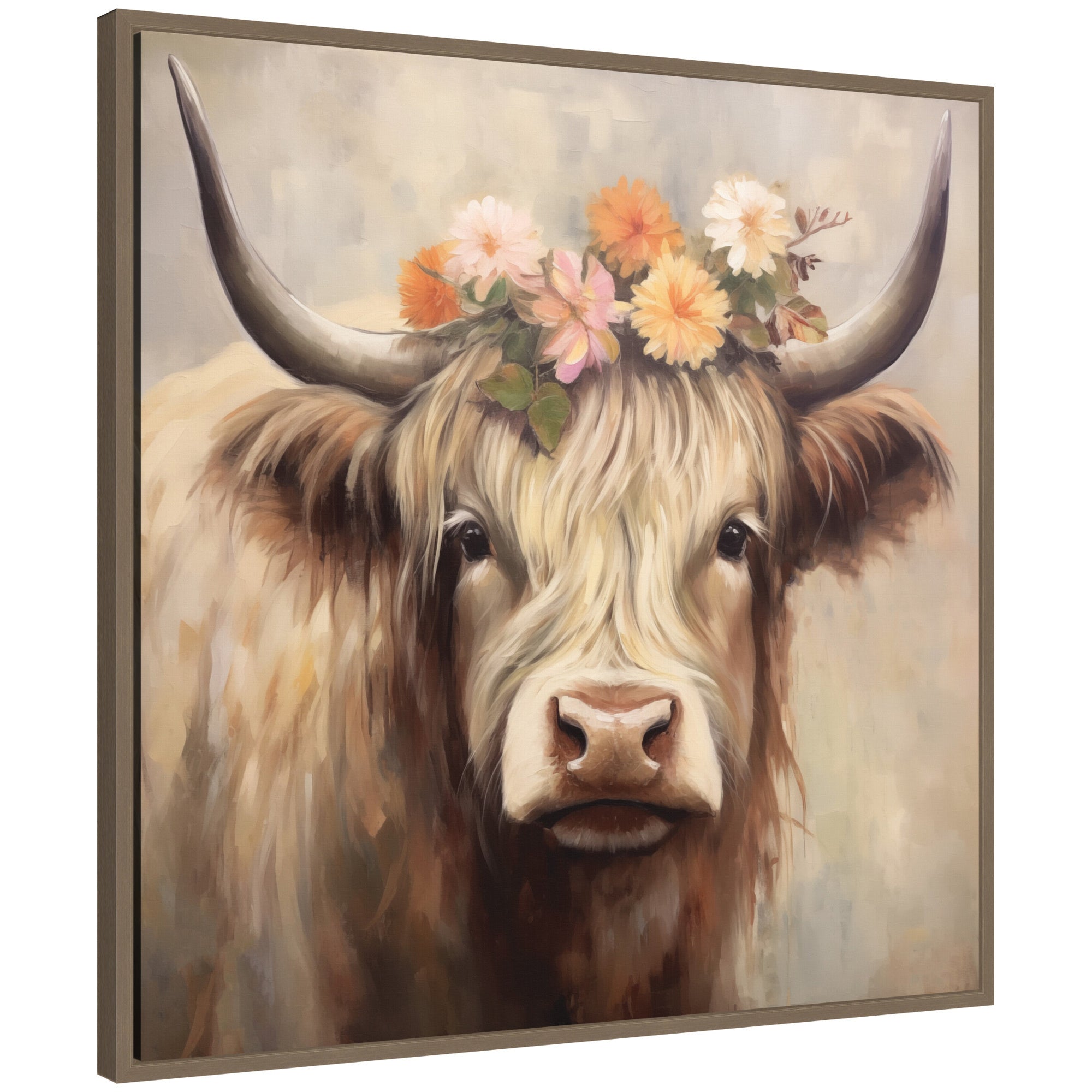 Sylvie Adorable Floral Boho Highland Cow Framed Canvas by The Creative Bunch Studio