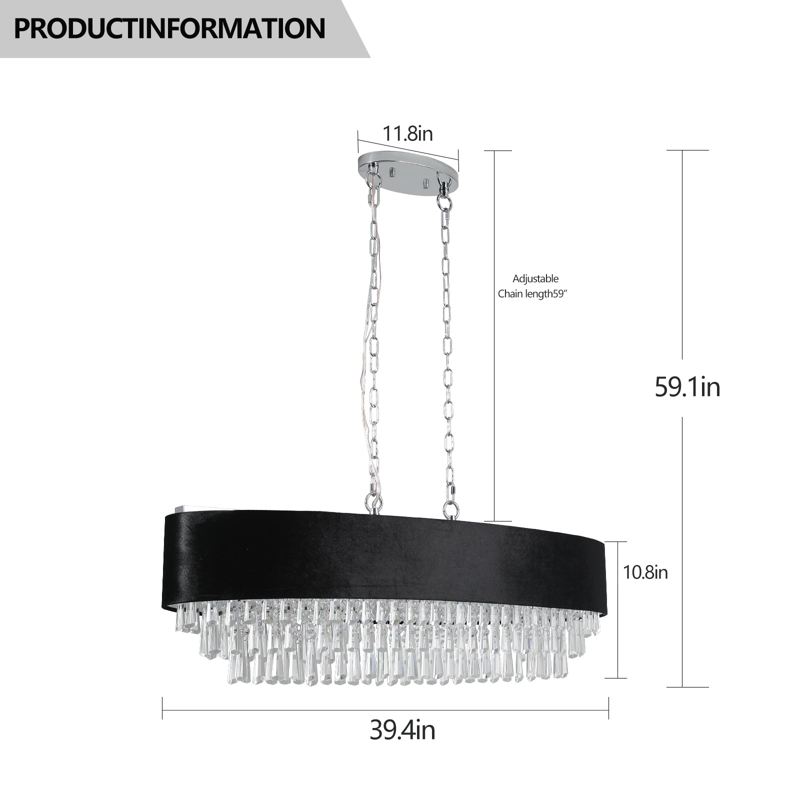 39' Modern Crystal Chandelier with Black Imitation Velvet Shade