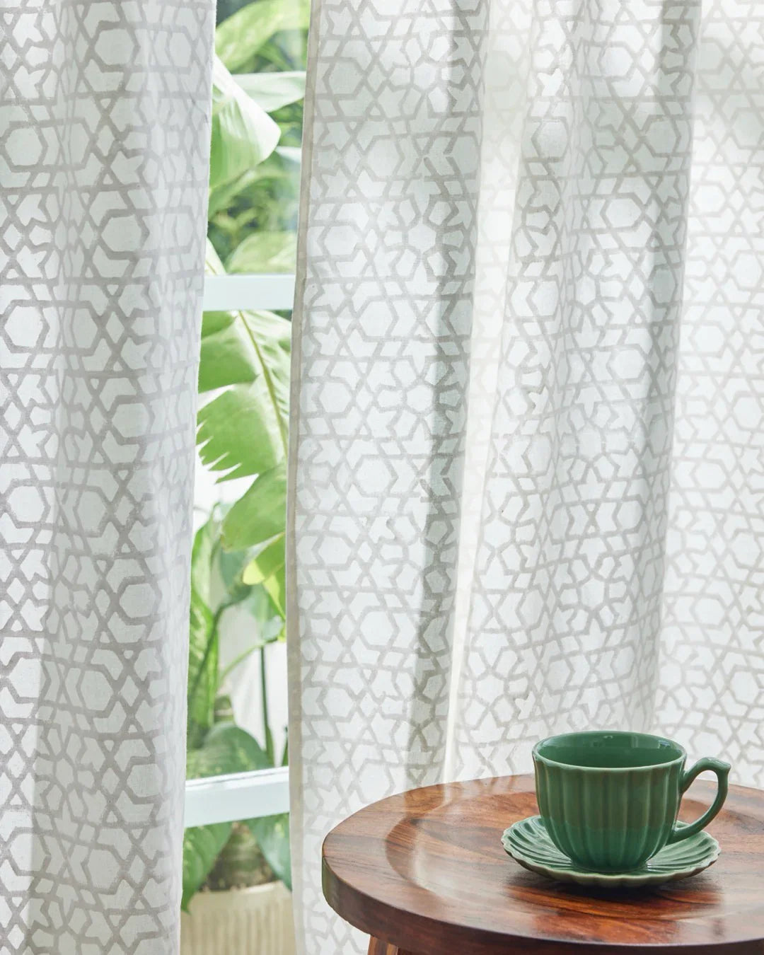 White Hand Block Printed Linen Curtains | Moroccan Geometric Design-0