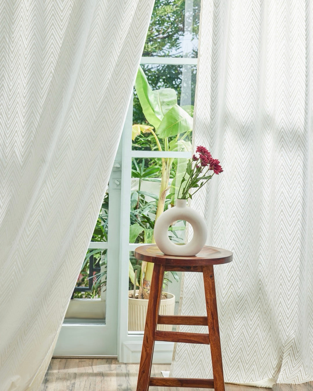 Off-White & Grey Hand Block Printed Linen Curtains | Chevron Pattern-3