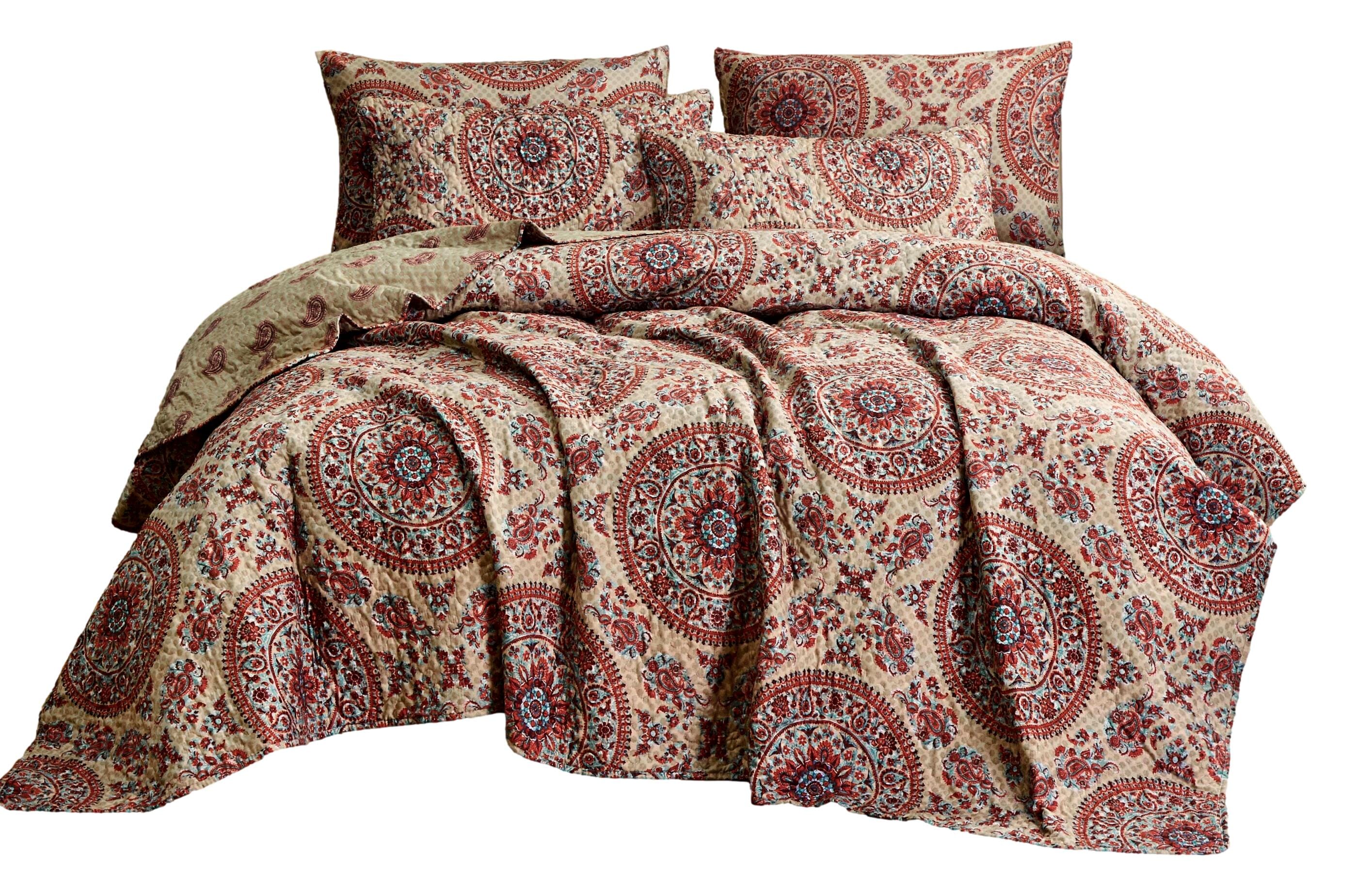 Tache Bohemian Desert Medallion Boteh Paisley Orange Blue Taupe Quilt Set (TJ3502)