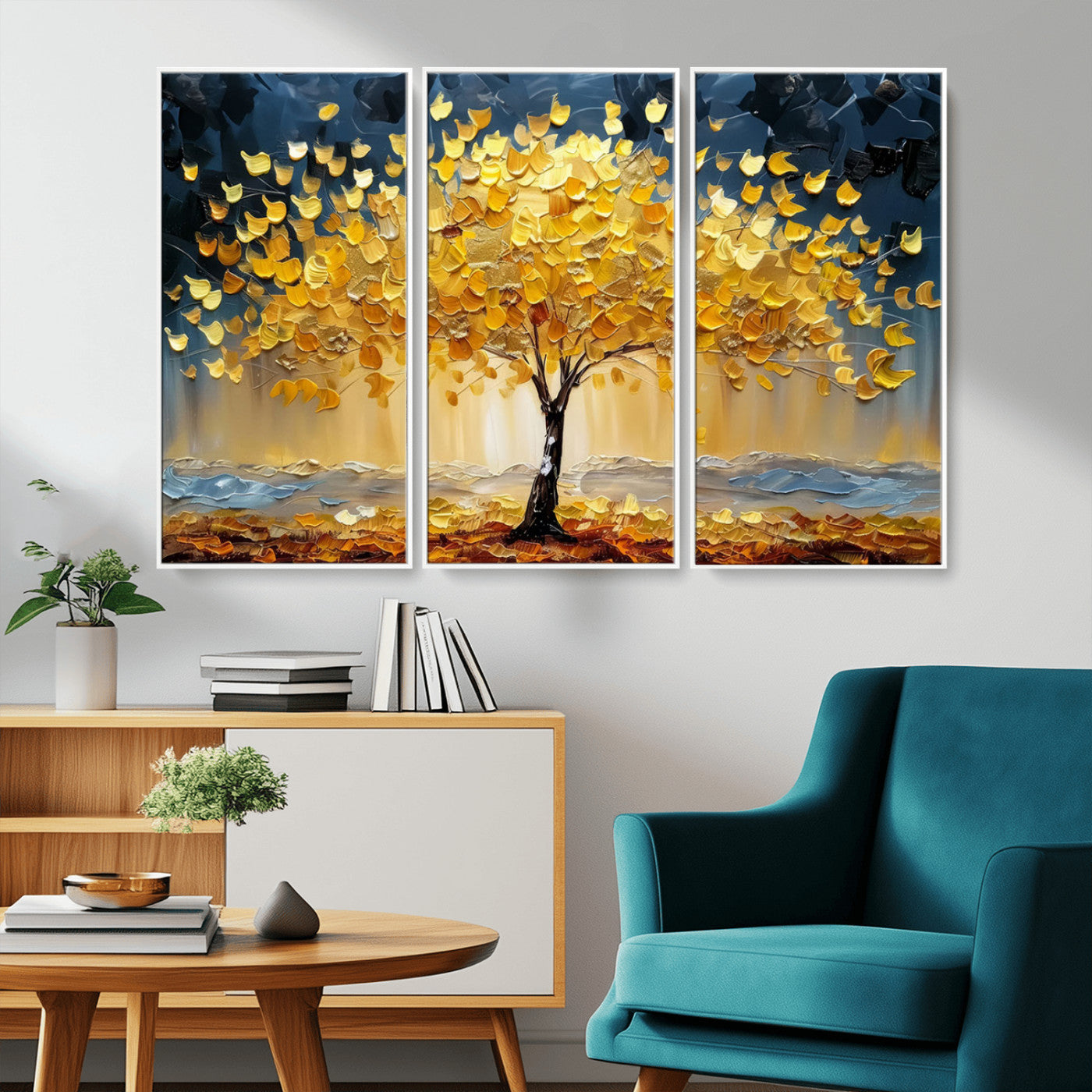 Golden Tree Wall Art – Framed Autumn Leaves Canvas Artwork,