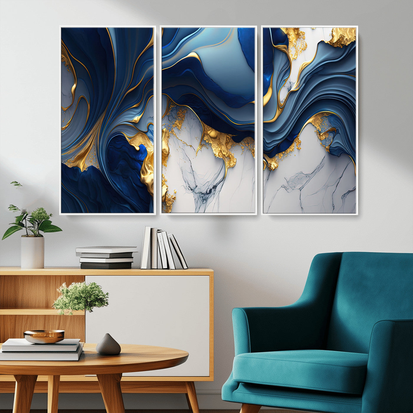 Blue Marble Wall Art Canvas Print – Framed Gold Veins