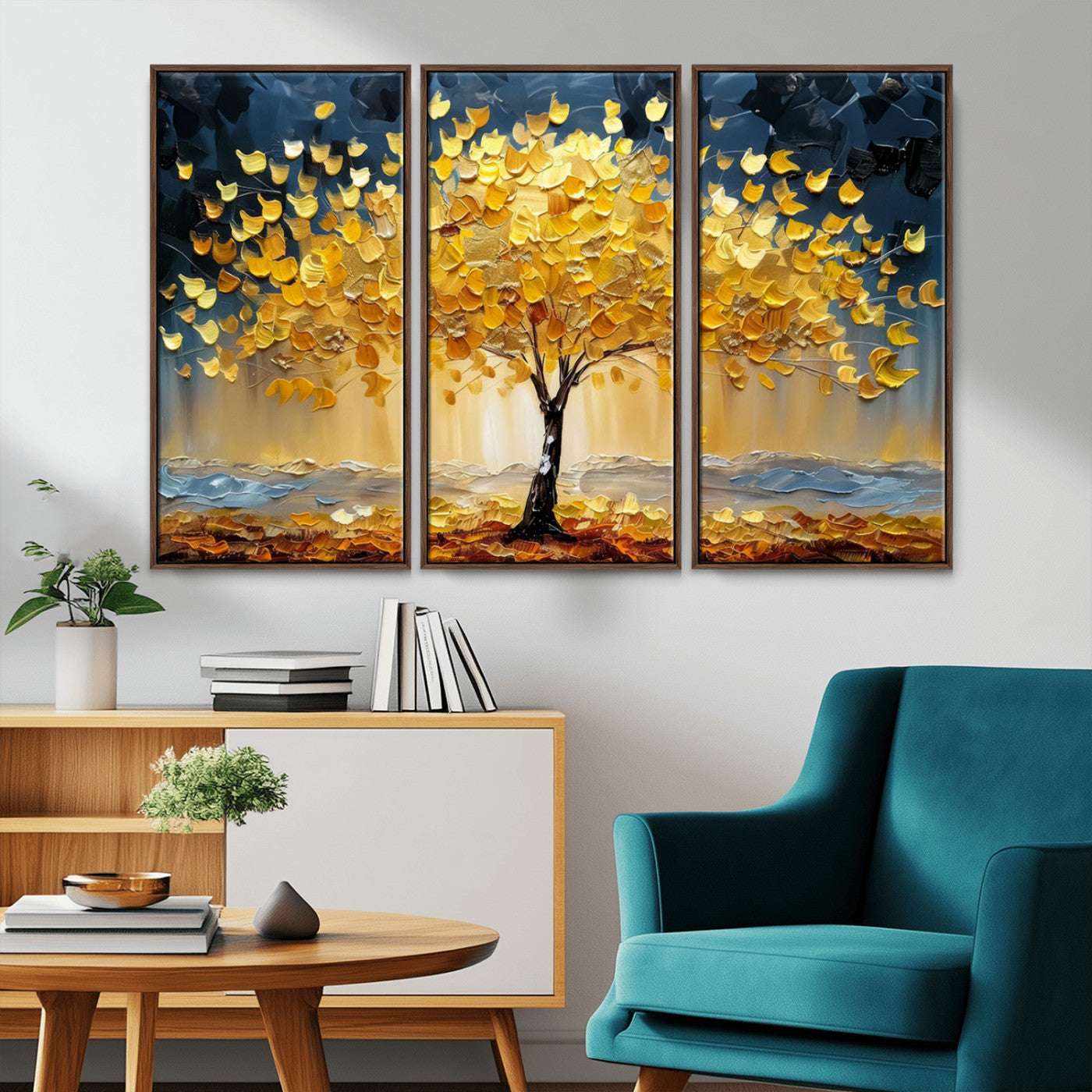 Golden Tree Wall Art – Framed Autumn Leaves Canvas Artwork,