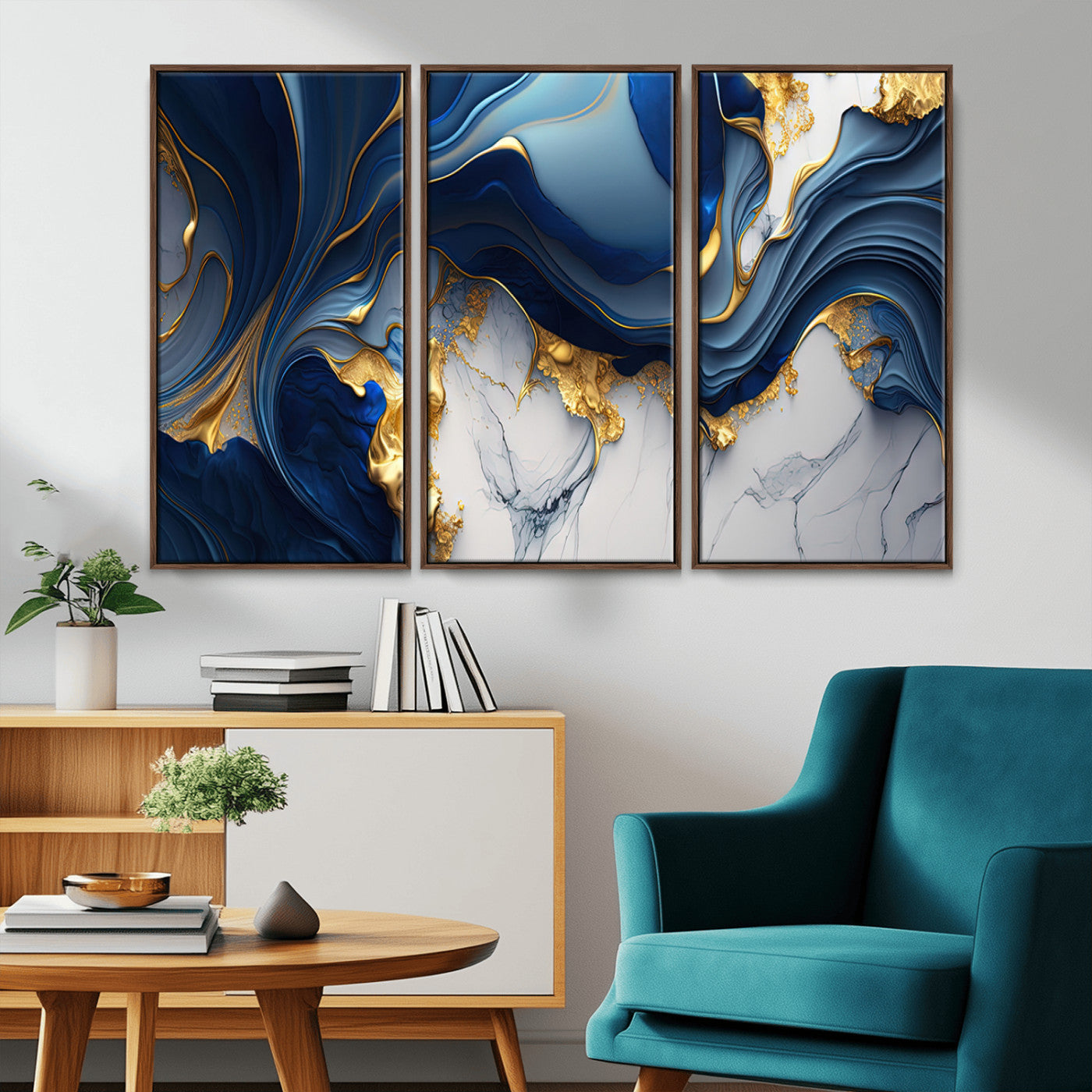 Blue Marble Wall Art Canvas Print – Framed Gold Veins