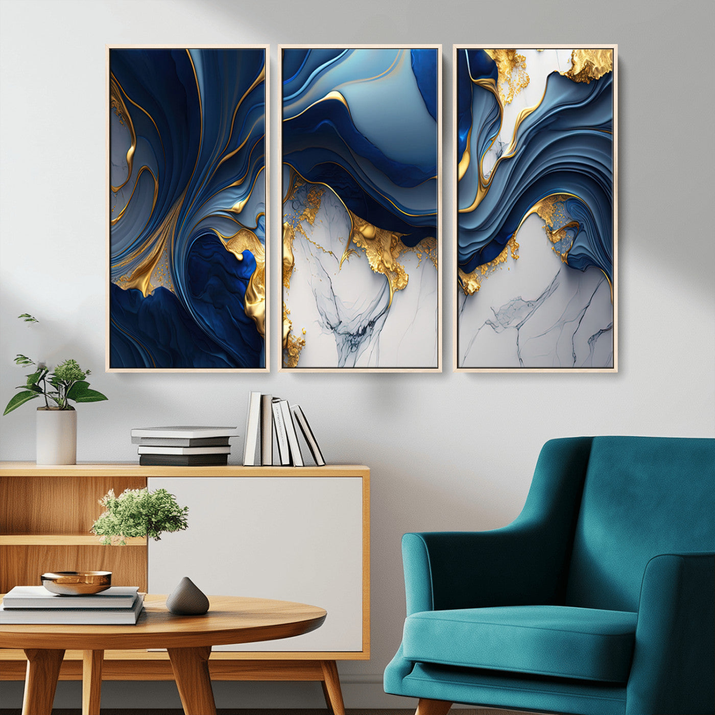 Blue Marble Wall Art Canvas Print – Framed Gold Veins