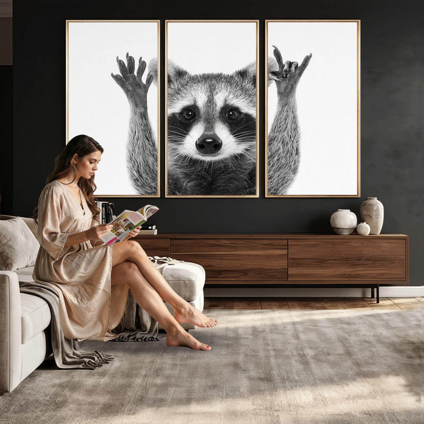 Funny Raccoon Canvas Wall Art, Black White Hands Up Animal Photo Print, Humorous Wildlife Decor, Kids Room Nursery Art, Quirky Animal Gift