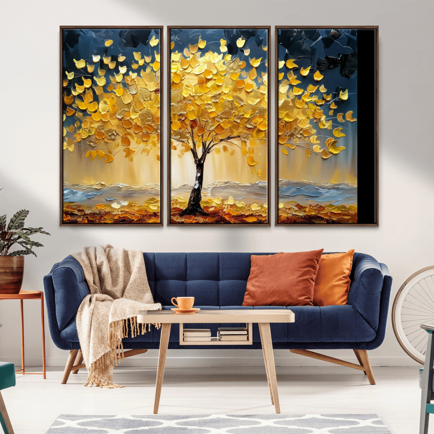 Golden Tree Wall Art – Framed Autumn Leaves Canvas Artwork,