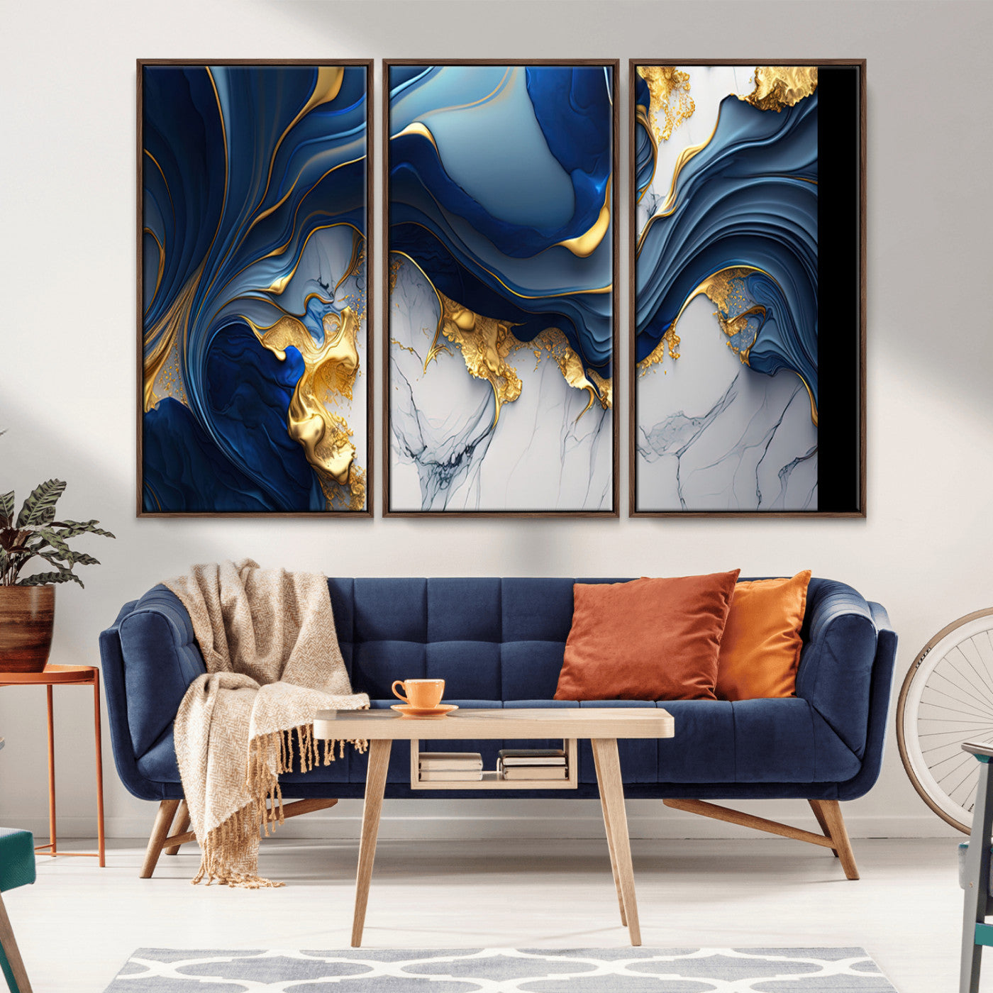 Blue Marble Wall Art Canvas Print – Framed Gold Veins