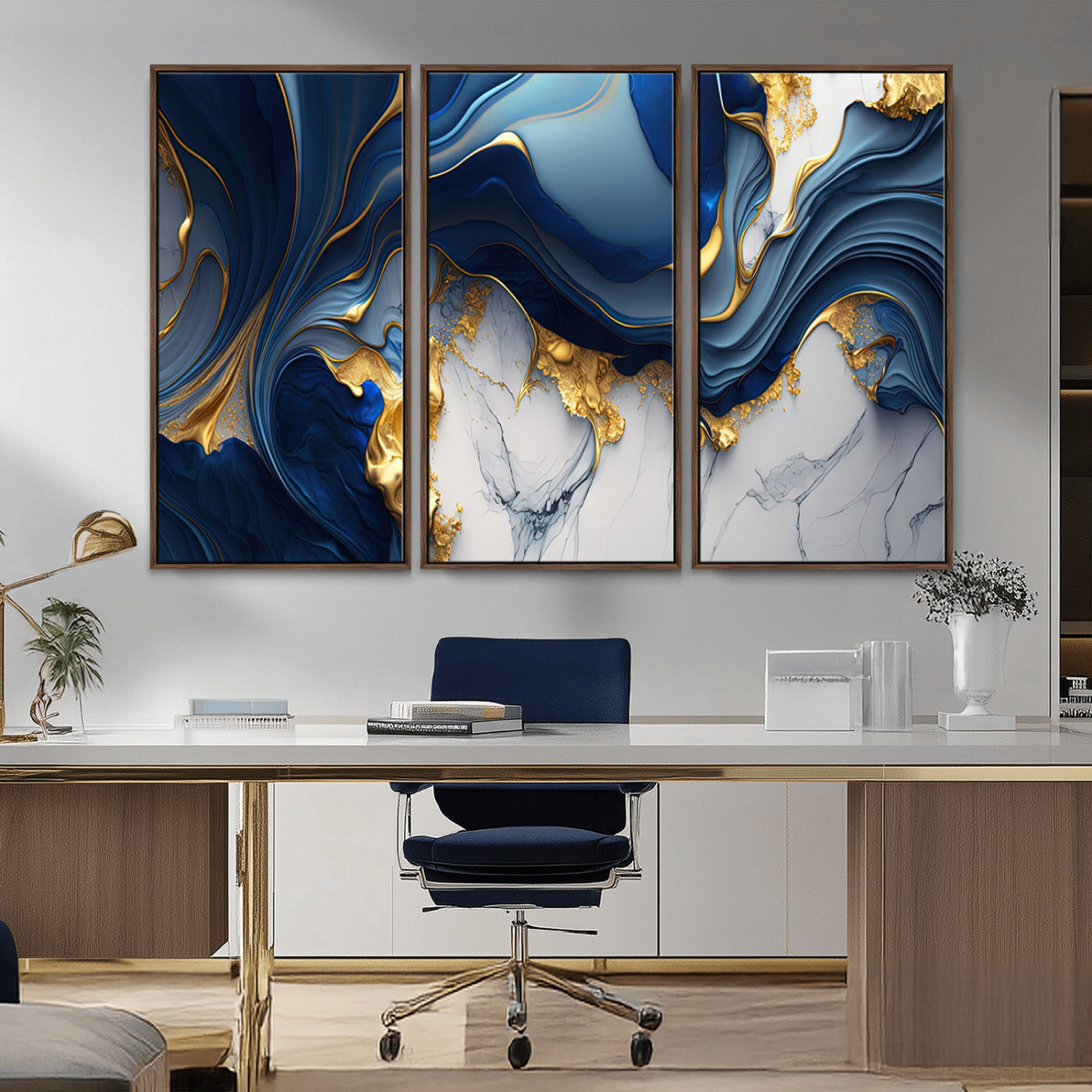 Blue Marble Wall Art Canvas Print – Framed Gold Veins