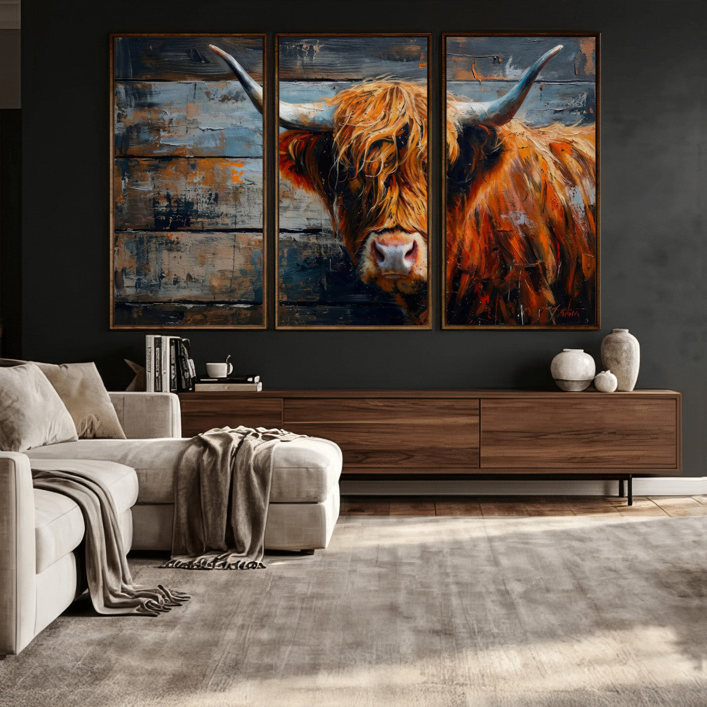 Highland Cow Wall Art Canvas Print, Abstract Rustic Farm