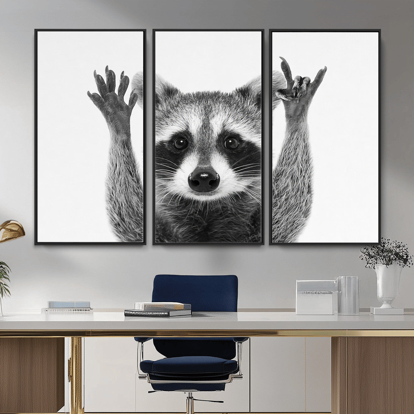 Funny Raccoon Canvas Wall Art, Black White Hands Up Animal Photo Print, Humorous Wildlife Decor, Kids Room Nursery Art, Quirky Animal Gift