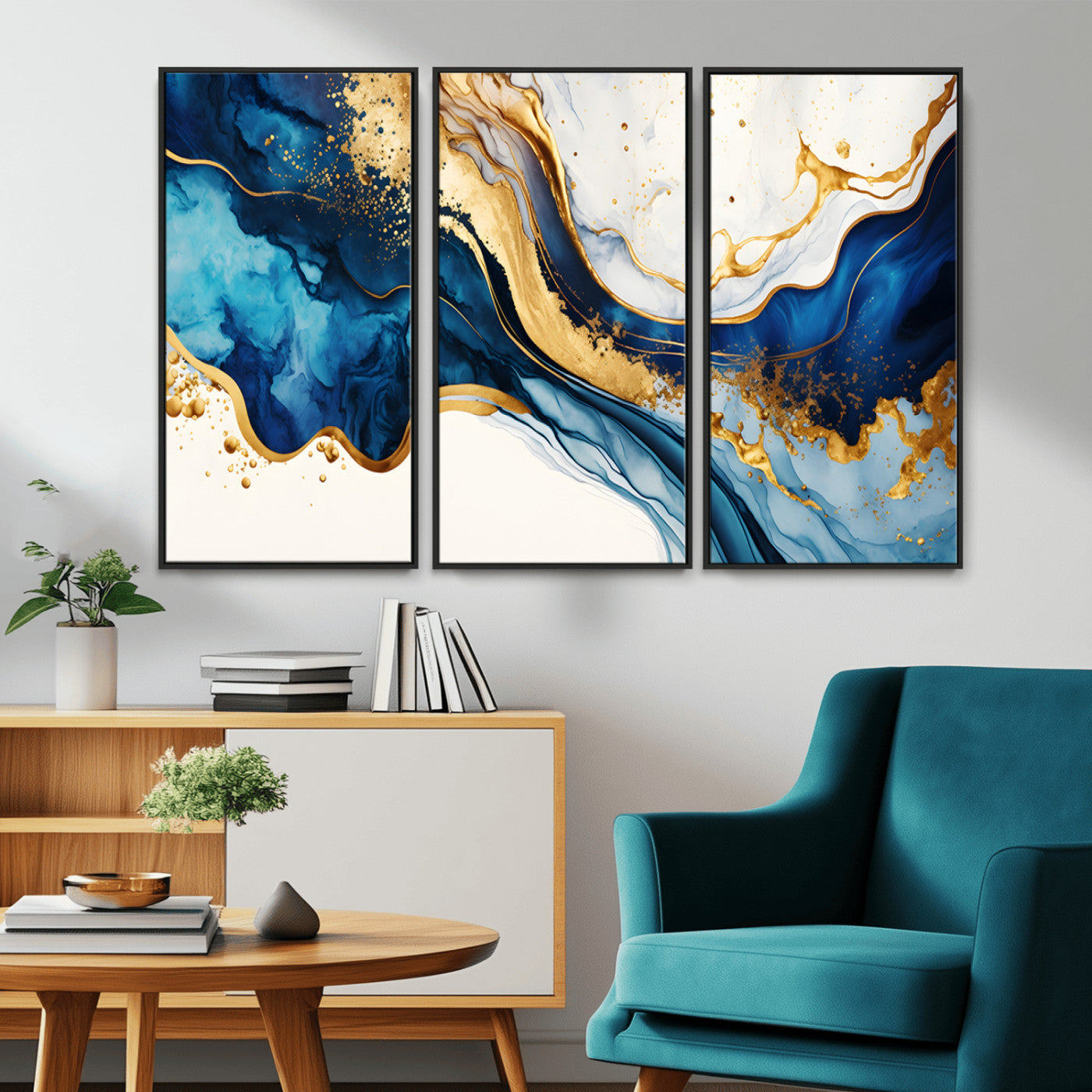 Blue Gold Flow Wall Art Canvas Print – Framed Marble Design